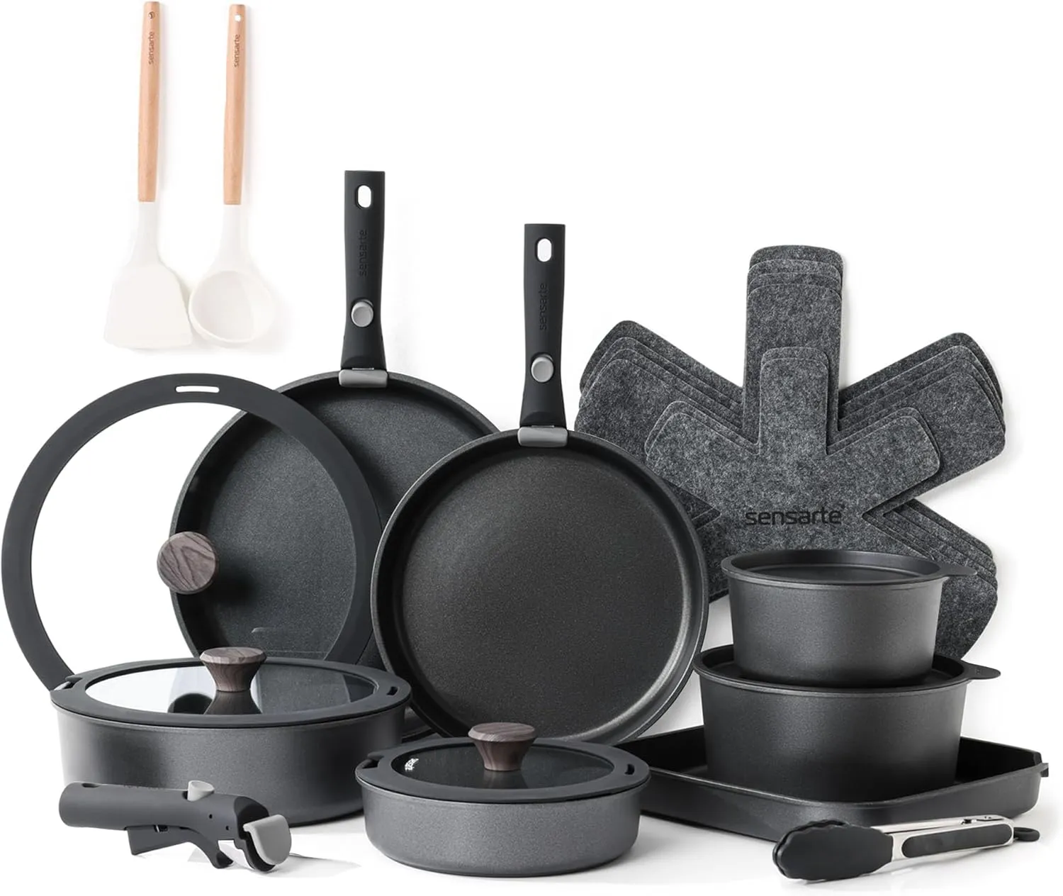 SENSARTE 24 Piece Pots and Pans Set, Nonstick Detachable Handle Cookware, Induction Kitchen Cookware Set with Removable Handle, Healthy Non Stick for RV, Dishwasher＆Oven Safe, PFOA Free (Black)