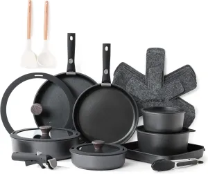 SENSARTE 24 Piece Pots and Pans Set, Nonstick Detachable Handle Cookware, Induction Kitchen Cookware Set with Removable Handle, Healthy Non Stick for RV, Dishwasher＆Oven Safe, PFOA Free (Black)