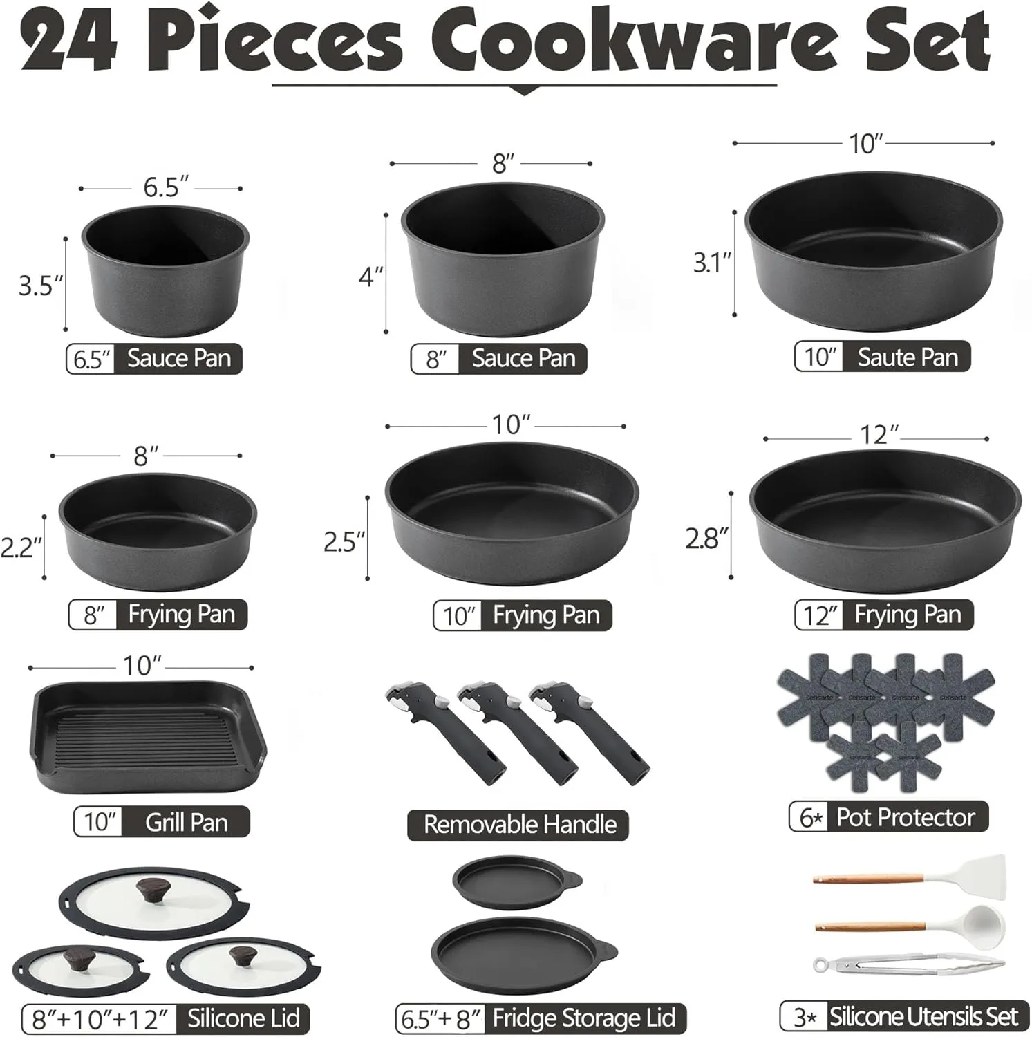 SENSARTE 24 Piece Pots and Pans Set, Nonstick Detachable Handle Cookware, Induction Kitchen Cookware Set with Removable Handle, Healthy Non Stick for RV, Dishwasher＆Oven Safe, PFOA Free (Black)