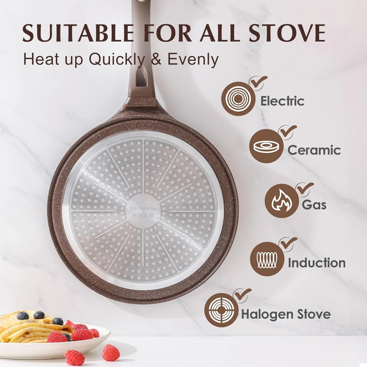 SENSARTE Nonstick Crepe Pan, Swiss Granite Coating Dosa Pan Pancake Flat Skillet Tawa Griddle 10-Inch with Stay-Cool Handle, Induction Compatible, PFOA Free (Toffee Brown)