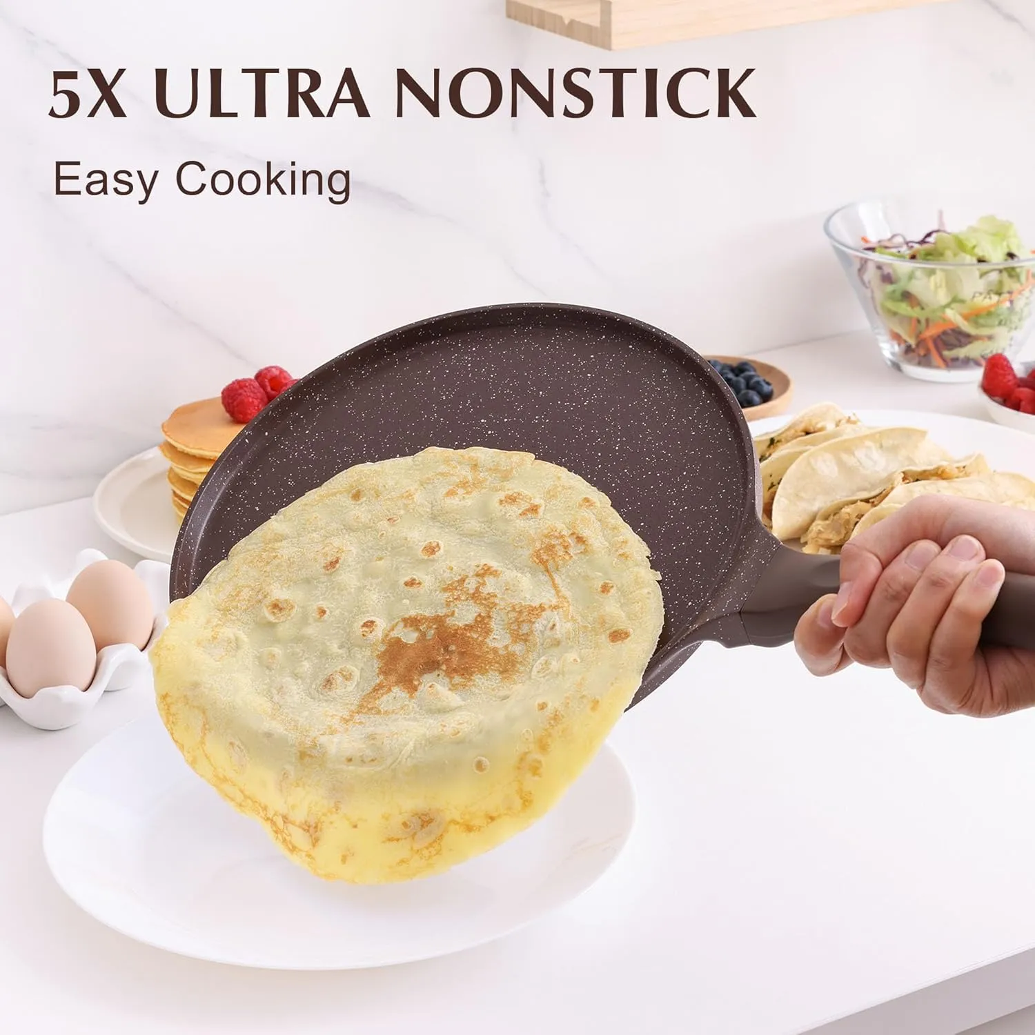 SENSARTE Nonstick Crepe Pan, Swiss Granite Coating Dosa Pan Pancake Flat Skillet Tawa Griddle 10-Inch with Stay-Cool Handle, Induction Compatible, PFOA Free (Toffee Brown)