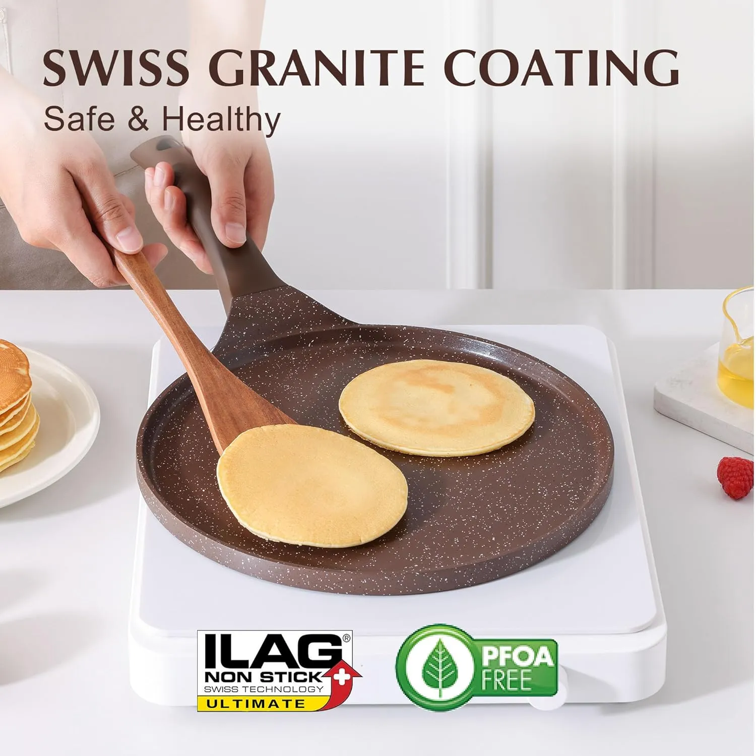SENSARTE Nonstick Crepe Pan, Swiss Granite Coating Dosa Pan Pancake Flat Skillet Tawa Griddle 10-Inch with Stay-Cool Handle, Induction Compatible, PFOA Free (Toffee Brown)