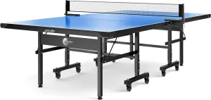SereneLife Durable Indoor Table Tennis Table-Easy Assembly Foldable Professional Ping Pong Table w/Blue Finish,MDF Table Top,Single Player Playback Mode-Quick Clamp Ping Pong Net Set-SereneLife