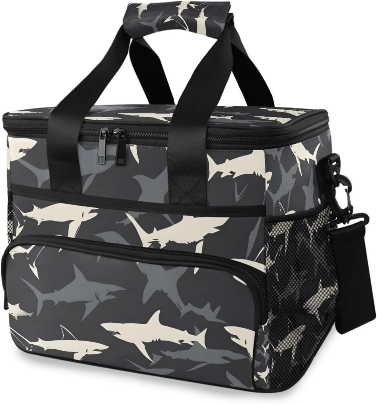 Shark Black Ocean Cooler Bag Insulated Cooler Soft Sided Cooler 24 Can Portable Picnic Bag Large Leakproof Lunch Bag Box for Beach Grocery Camping Travel Car Men Women