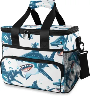 Shark Blue Ocean White Cooler Bag Insulated Cooler Soft Sided Cooler 24 Can Portable Picnic Bag Large Leakproof Lunch Bag Box for Beach Grocery Camping Travel Car Men Women