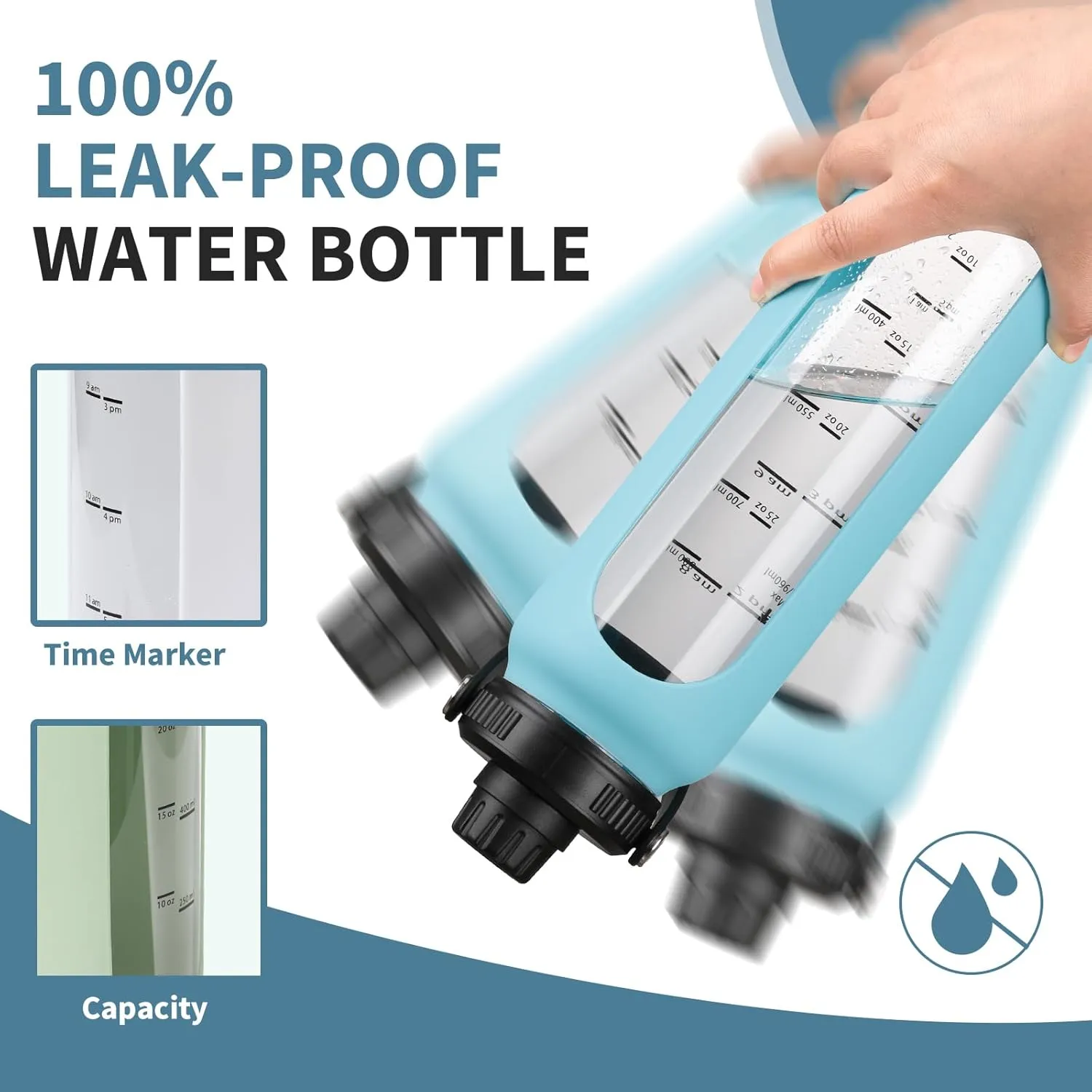 SIEROZUR 32 oz Glass Water Bottles with 2 Lids-Handle Spout Lid & Straw Lid 1 Liter Motivational Borosilicate Water Bottle with Silicone Sleeve and Time Marker,Leakproof