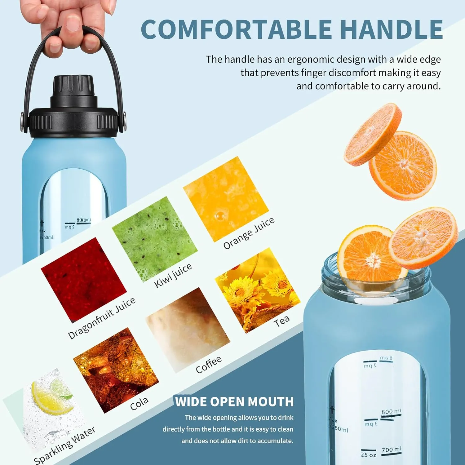 SIEROZUR 32 oz Glass Water Bottles with 2 Lids-Handle Spout Lid & Straw Lid 1 Liter Motivational Borosilicate Water Bottle with Silicone Sleeve and Time Marker,Leakproof