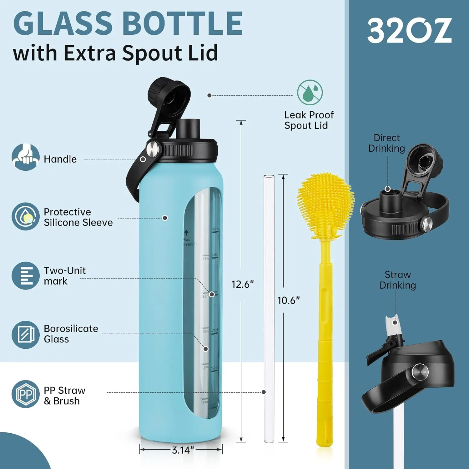 SIEROZUR 32 oz Glass Water Bottles with 2 Lids-Handle Spout Lid & Straw Lid 1 Liter Motivational Borosilicate Water Bottle with Silicone Sleeve and Time Marker,Leakproof