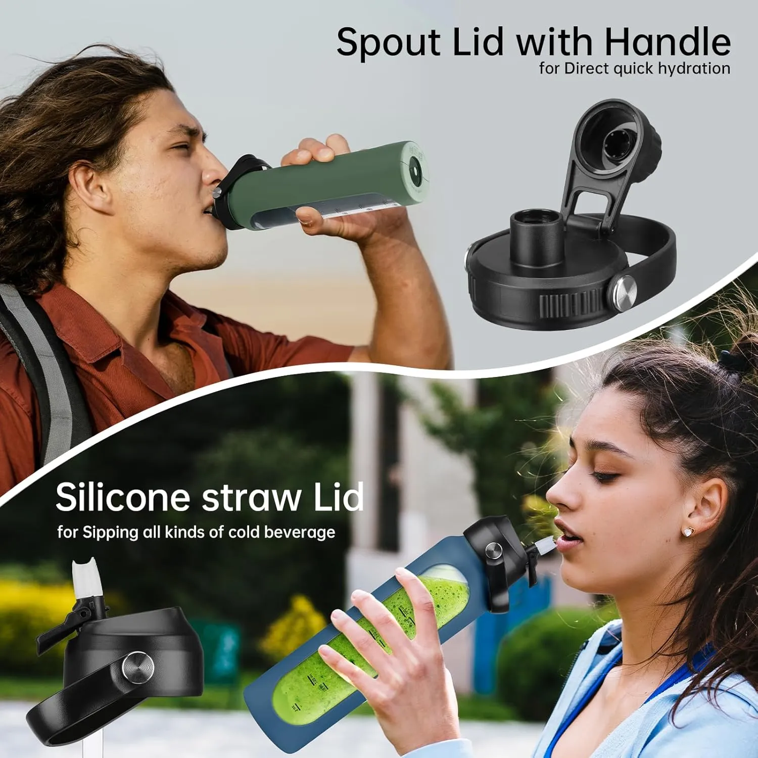 SIEROZUR 32 oz Glass Water Bottles with 2 Lids-Handle Spout Lid & Straw Lid 1 Liter Motivational Borosilicate Water Bottle with Silicone Sleeve and Time Marker,Leakproof