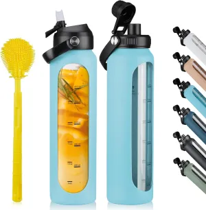 SIEROZUR 32 oz Glass Water Bottles with 2 Lids-Handle Spout Lid & Straw Lid 1 Liter Motivational Borosilicate Water Bottle with Silicone Sleeve and Time Marker,Leakproof