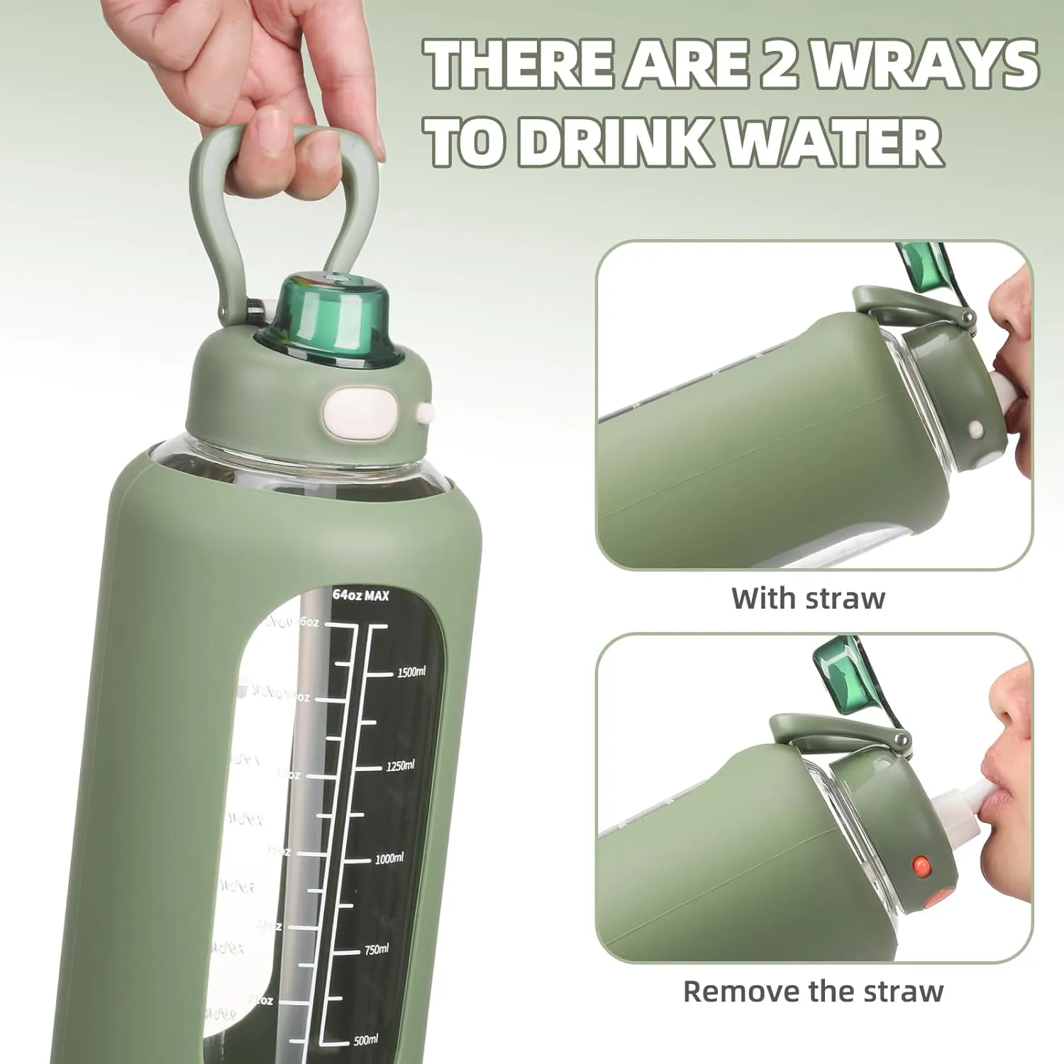 SIEROZUR 42 oz Glass Water Bottle with Straw and Handle, Large Sports Motivational Water Bottle Flask with Time Marker Leakproof Water Jug with Silicone Sleeve for Gym