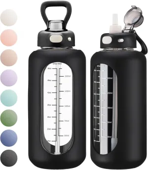 SIEROZUR 64 oz Borosilicate Glass Water Bottle with Straw, Motivational Sports Bottle, Durable Silicone Sleeve, Time Marker, for Gym, Sports, Workout, Daily