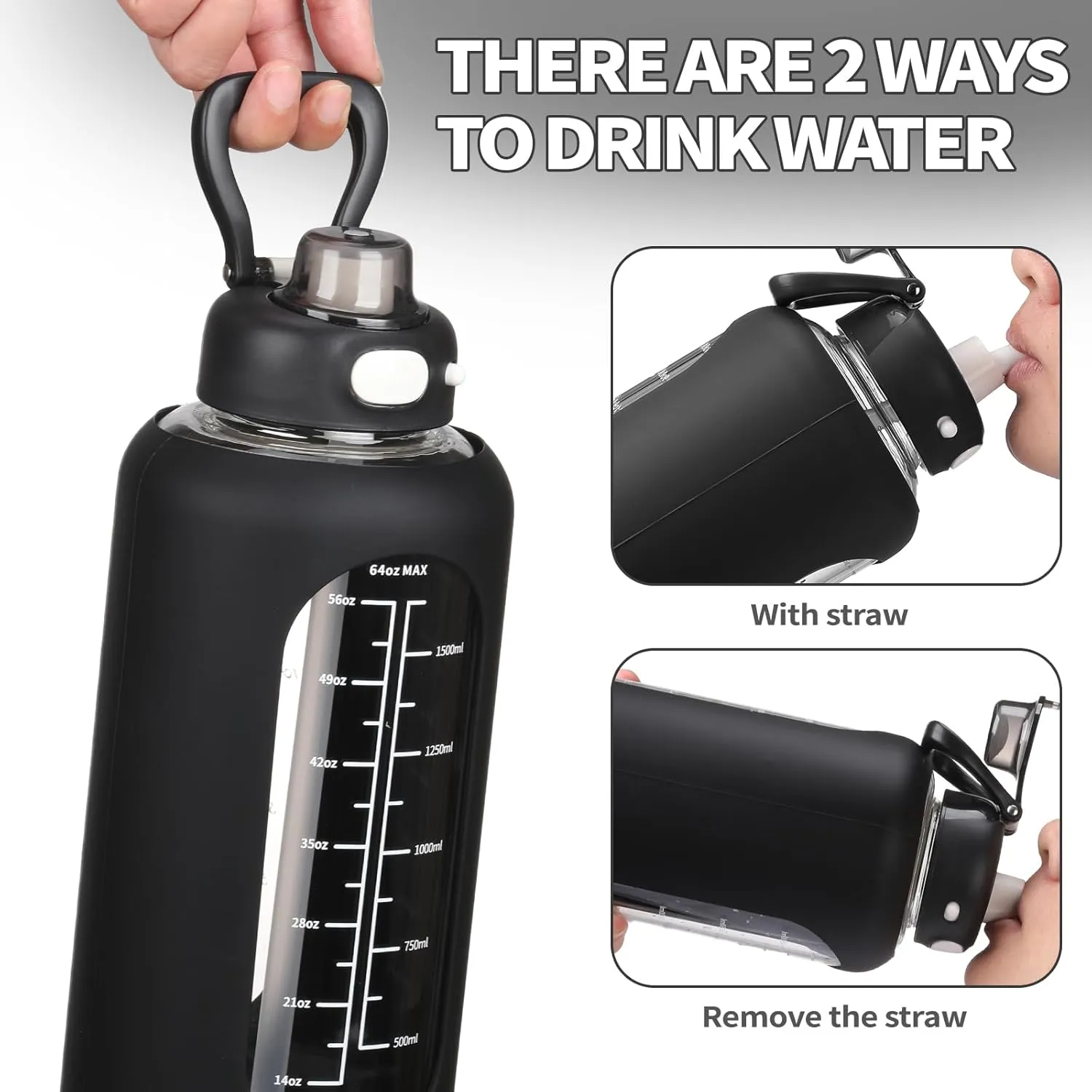 SIEROZUR 64 oz Borosilicate Glass Water Bottle with Straw, Motivational Sports Bottle, Durable Silicone Sleeve, Time Marker, for Gym, Sports, Workout, Daily