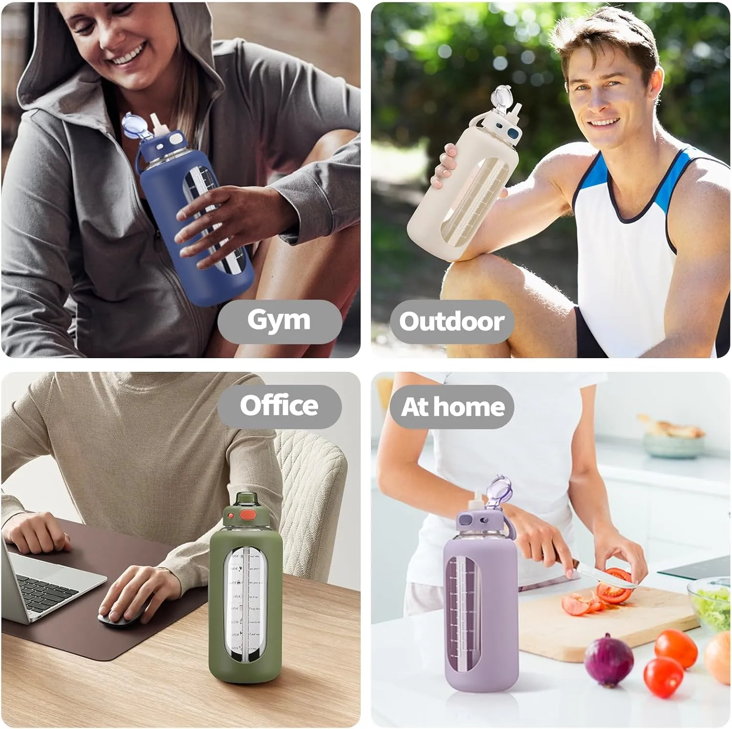 SIEROZUR 64 oz Glass Sports Water Bottle with Straw and Handle, Motivational Time Marker, Leakproof, Gym, Travel
