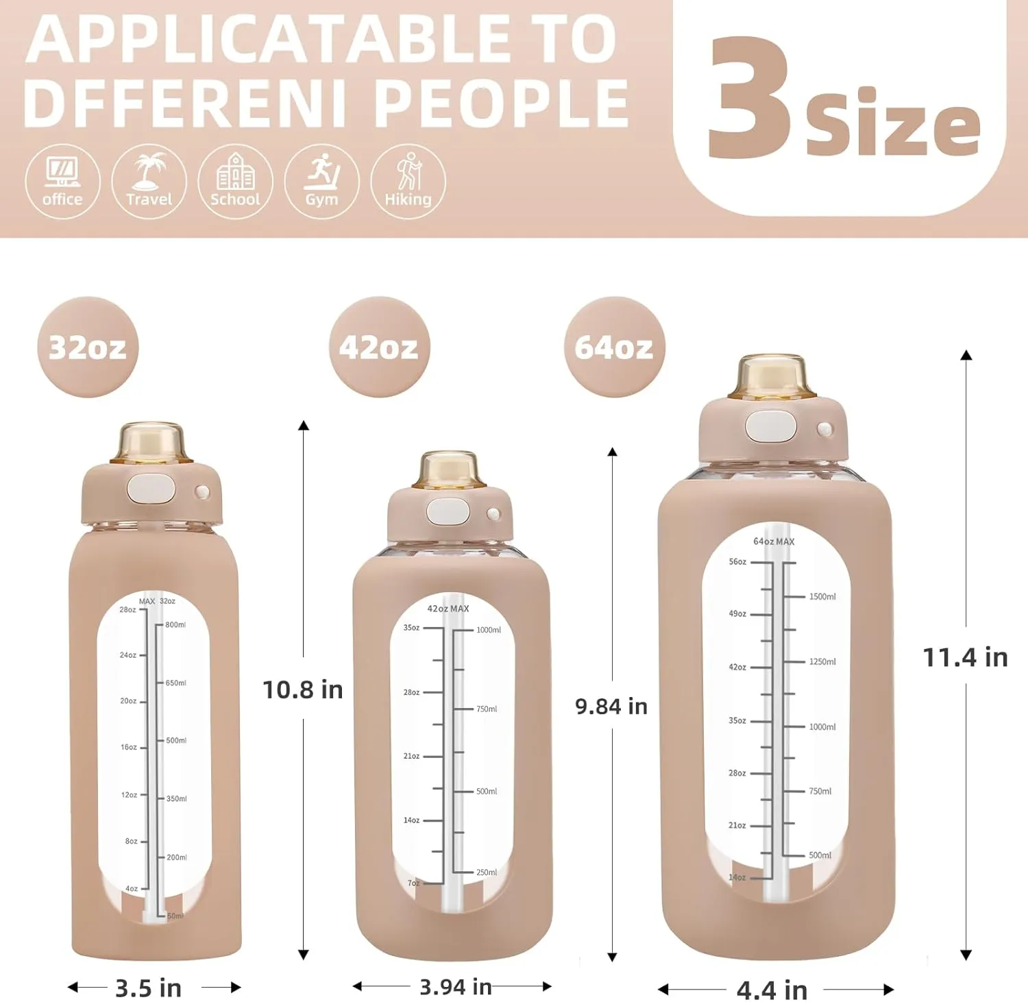 SIEROZUR 64 oz Glass Sports Water Bottle with Straw and Handle, Motivational Time Marker, Leakproof, Gym, Travel