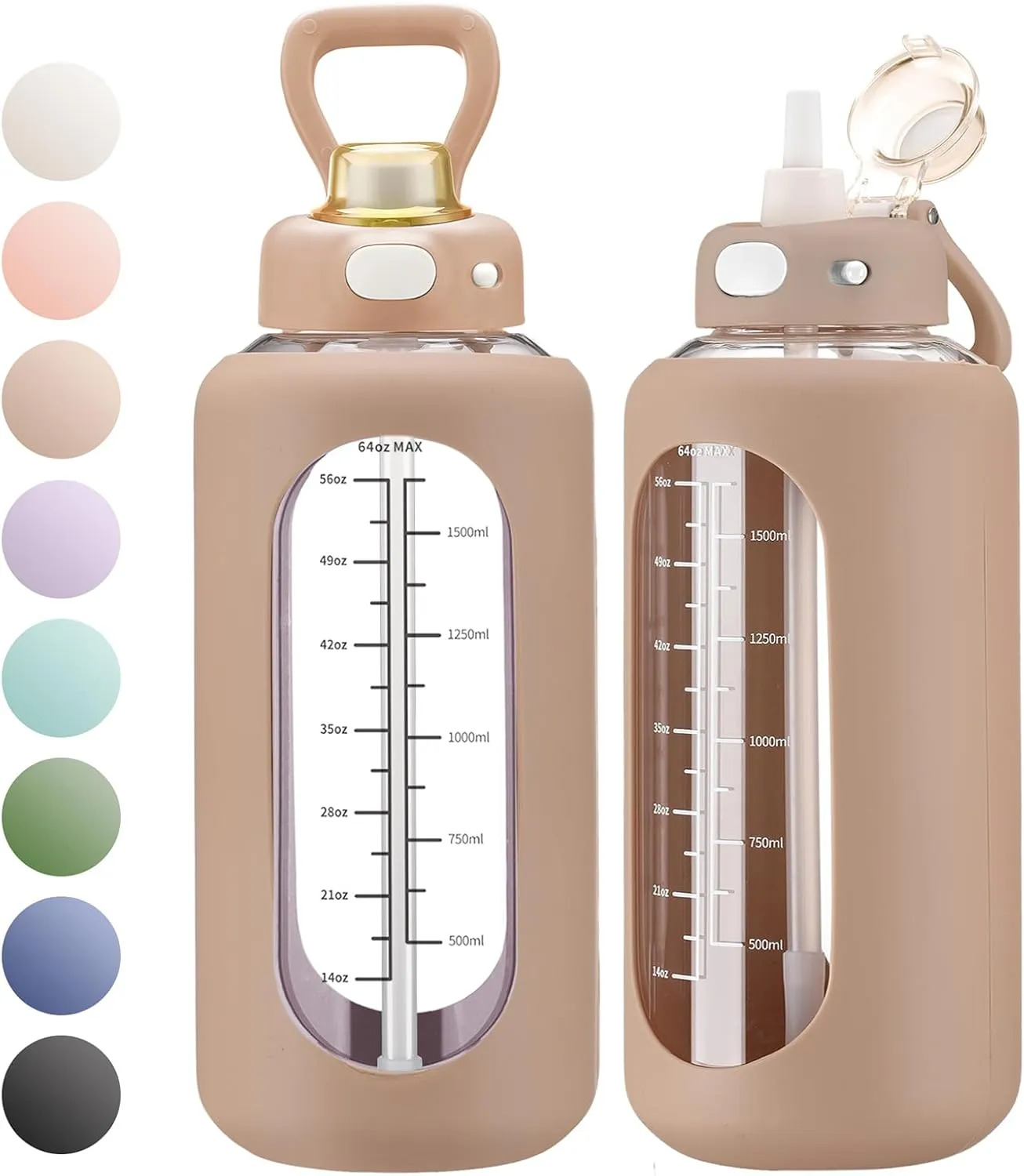 SIEROZUR 64 oz Glass Sports Water Bottle with Straw and Handle, Motivational Time Marker, Leakproof, Gym, Travel