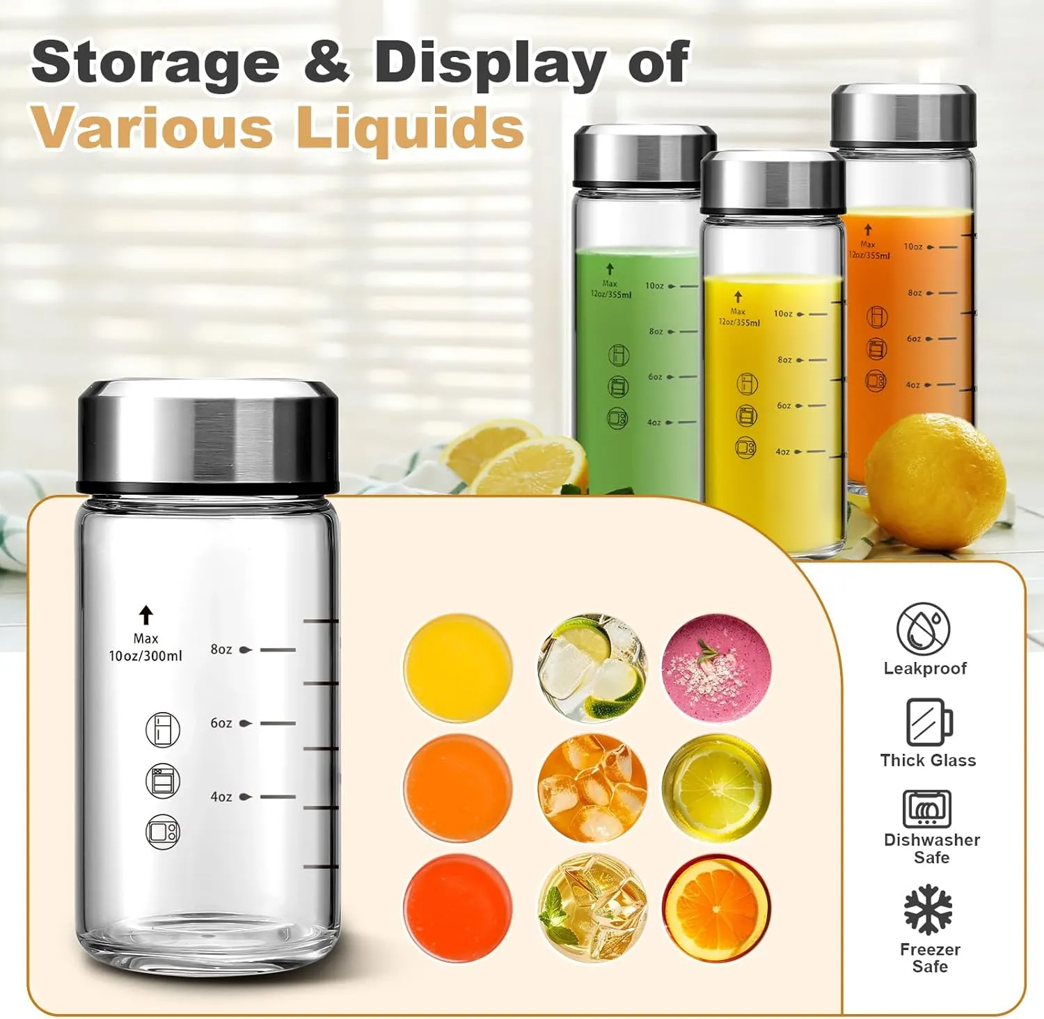 SIEROZUR Glass Juice Bottles 10oz- 4 Pack Wide Mouth Glass Bottles with Lids for Juicing Smoothies, Infused Water, Beverage Storage - BPA Free, Leakproof, Reusable, Borosilicate