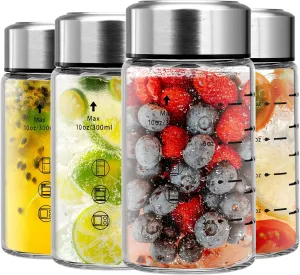 SIEROZUR Glass Juice Bottles 10oz- 4 Pack Wide Mouth Glass Bottles with Lids for Juicing Smoothies, Infused Water, Beverage Storage - BPA Free, Leakproof, Reusable, Borosilicate