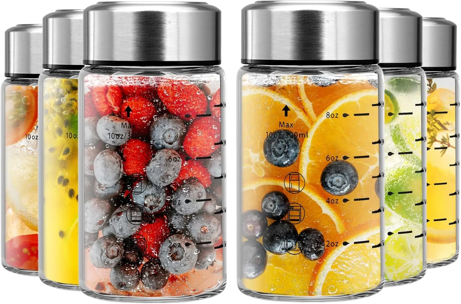 SIEROZUR Glass Juice Bottles 10oz -6 Pack Wide Mouth Glass Bottles with Lids for Juicing Smoothies, Infused Water, Beverage Storage - BPA Free, Leakproof, Reusable, Borosilicate