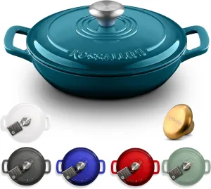 Signature Enameled Cast Iron Braiser, Non-Stick Serving Pot with Tight Fitting Lid for Perfect Roasting, Baking, Sauteing, Searing, and Pan Frying | 3.5Q (3.3L) - Ocean Blue