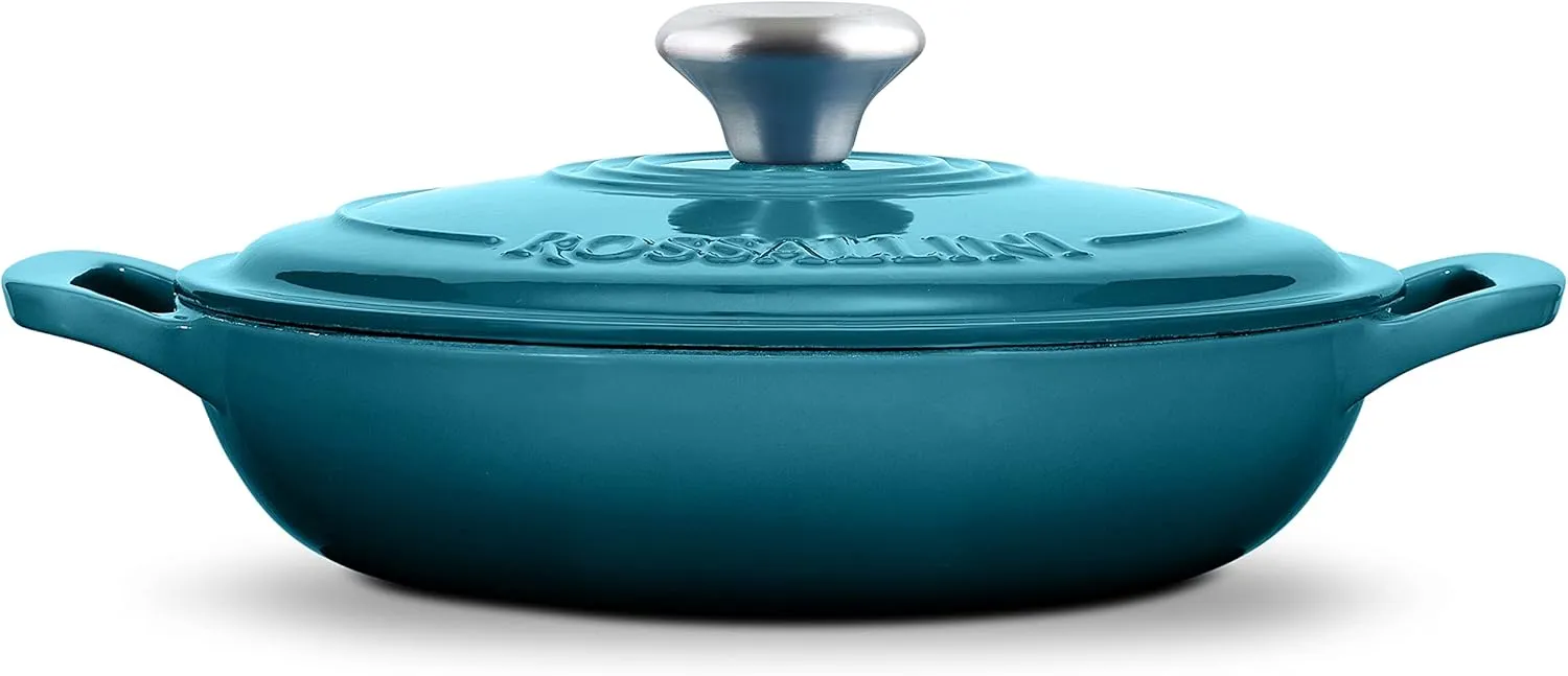 Signature Enameled Cast Iron Braiser, Non-Stick Serving Pot with Tight Fitting Lid for Perfect Roasting, Baking, Sauteing, Searing, and Pan Frying | 3.5Q (3.3L) - Ocean Blue