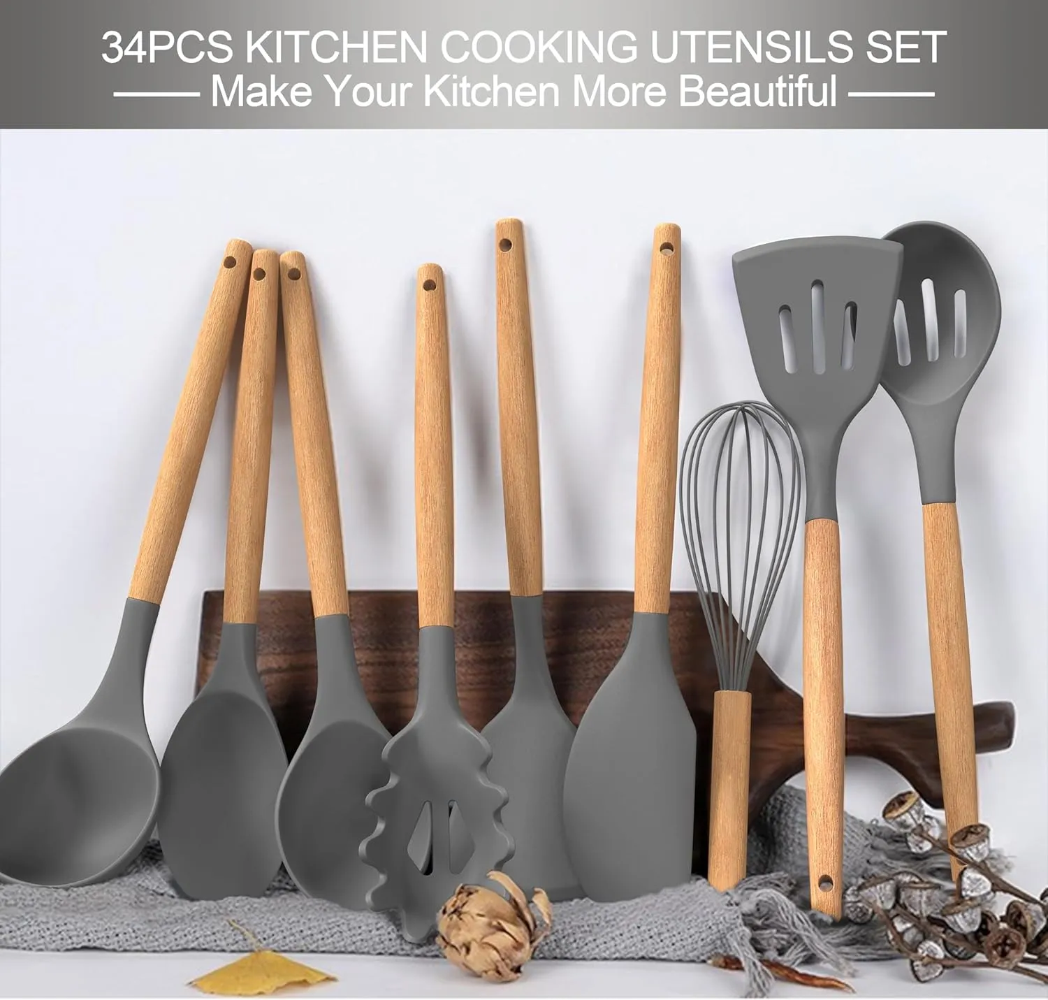 Silicone Cooking Utensils Set, 43Pcs Non-Stick Heat Resistant Kitchen Utensils Spatula Set with Wooden Handle for Baking, Cooking, and Mixing, Best Kitchen Gadgets Tools with Holder (Grey)