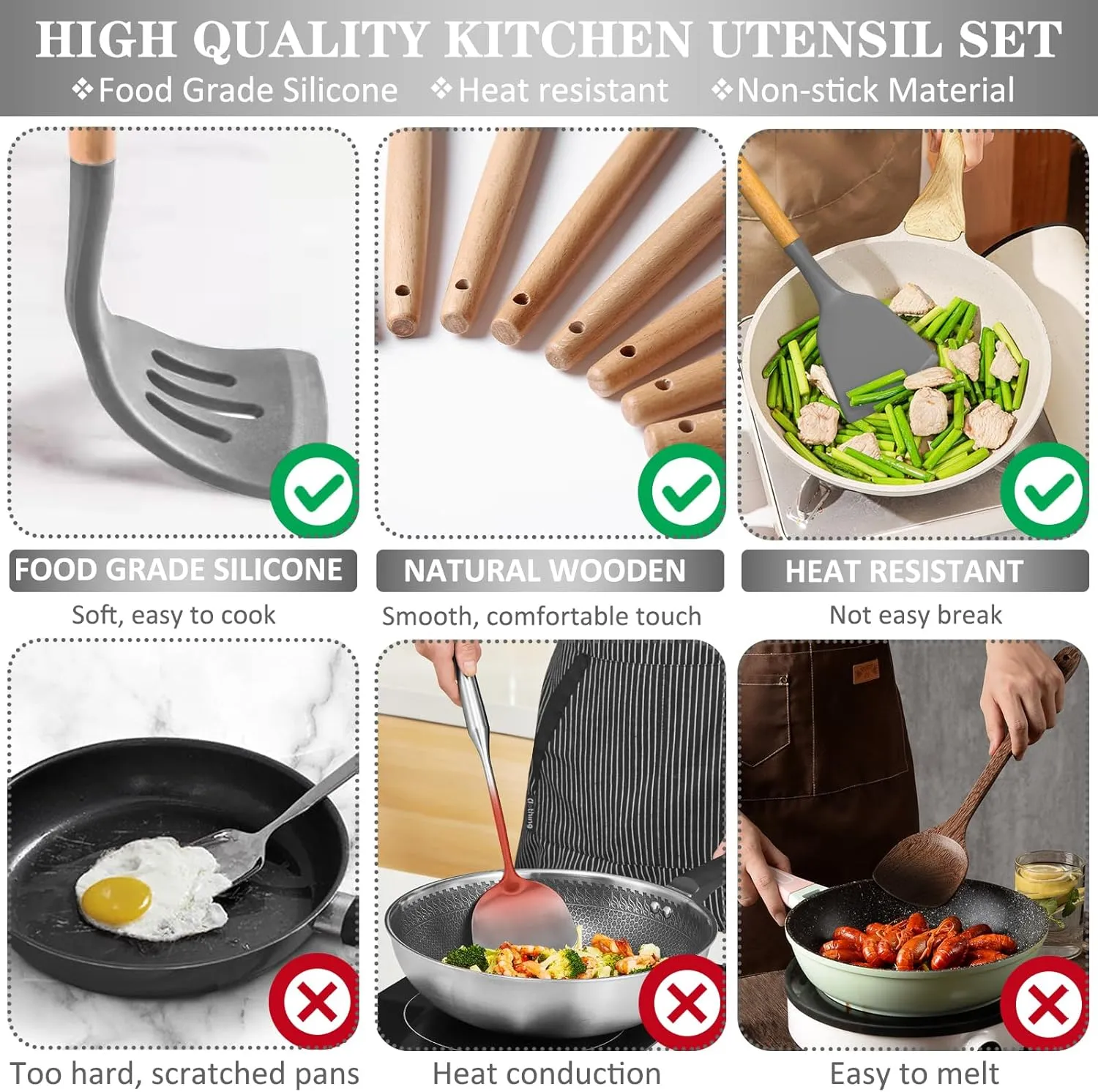 Silicone Cooking Utensils Set, 43Pcs Non-Stick Heat Resistant Kitchen Utensils Spatula Set with Wooden Handle for Baking, Cooking, and Mixing, Best Kitchen Gadgets Tools with Holder (Grey)