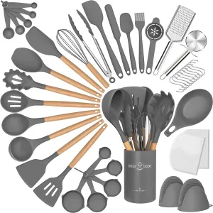 Silicone Cooking Utensils Set, 43Pcs Non-Stick Heat Resistant Kitchen Utensils Spatula Set with Wooden Handle for Baking, Cooking, and Mixing, Best Kitchen Gadgets Tools with Holder (Grey)