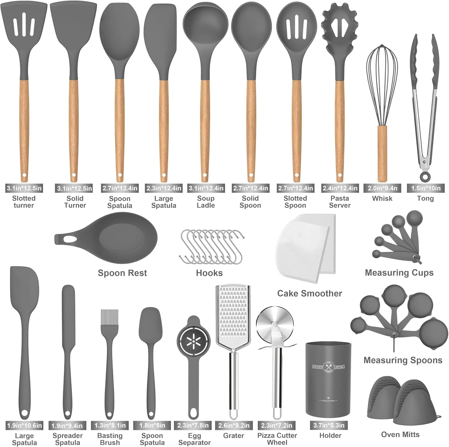Silicone Cooking Utensils Set, 43Pcs Non-Stick Heat Resistant Kitchen Utensils Spatula Set with Wooden Handle for Baking, Cooking, and Mixing, Best Kitchen Gadgets Tools with Holder (Grey)