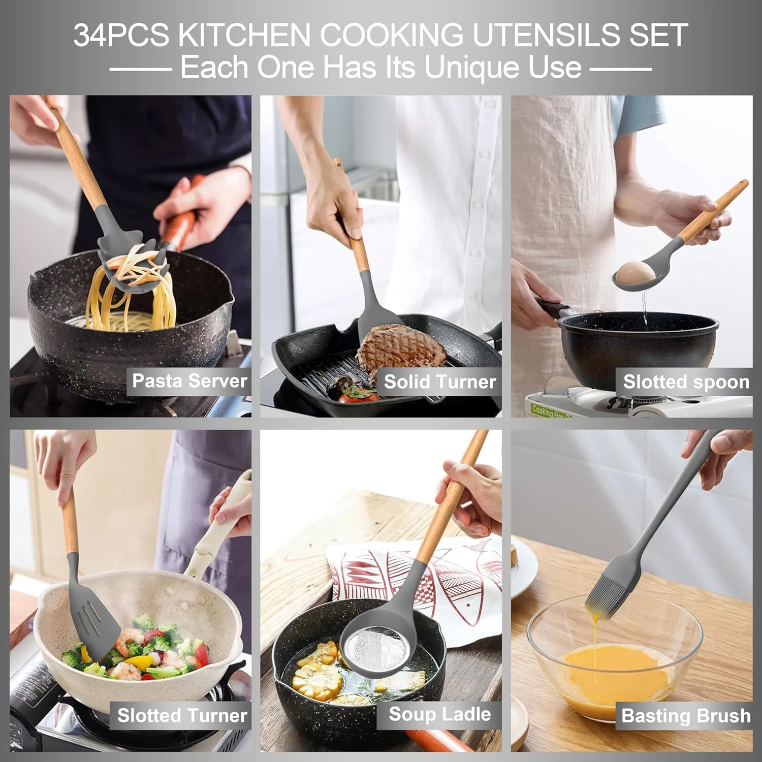 Silicone Cooking Utensils Set, 43Pcs Non-Stick Heat Resistant Kitchen Utensils Spatula Set with Wooden Handle for Baking, Cooking, and Mixing, Best Kitchen Gadgets Tools with Holder (Grey)
