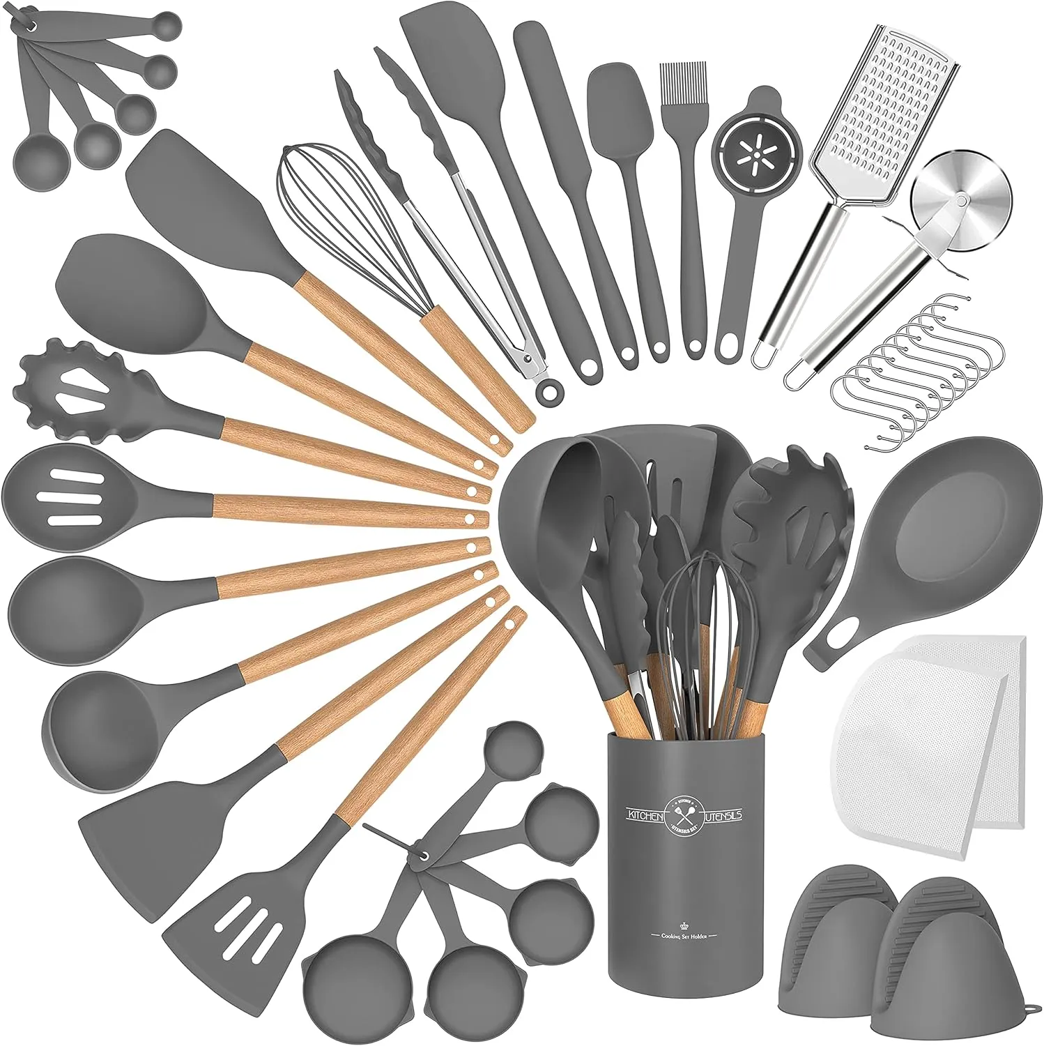 Silicone Cooking Utensils Set, 43Pcs Non-Stick Heat Resistant Kitchen Utensils Spatula Set with Wooden Handle for Baking, Cooking, and Mixing, Best Kitchen Gadgets Tools with Holder (Grey)