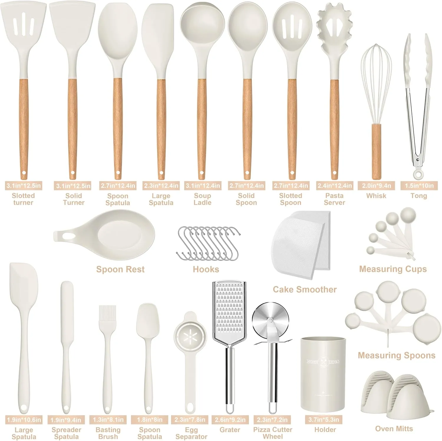 Silicone Cooking Utensils Set, 43Pcs Non-Stick Heat Resistant Kitchen Utensils Spatula Set with Wooden Handle for Baking, Cooking, and Mixing, Best Kitchen Gadgets Tools with Holder (White)