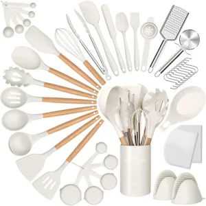 Silicone Cooking Utensils Set, 43Pcs Non-Stick Heat Resistant Kitchen Utensils Spatula Set with Wooden Handle for Baking, Cooking, and Mixing, Best Kitchen Gadgets Tools with Holder (White)