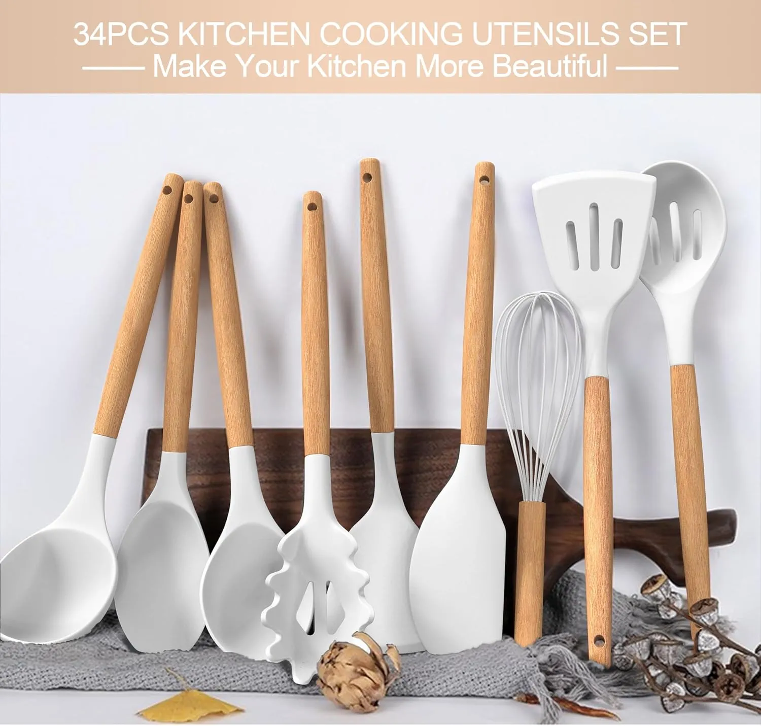 Silicone Cooking Utensils Set, 43Pcs Non-Stick Heat Resistant Kitchen Utensils Spatula Set with Wooden Handle for Baking, Cooking, and Mixing, Best Kitchen Gadgets Tools with Holder (White)