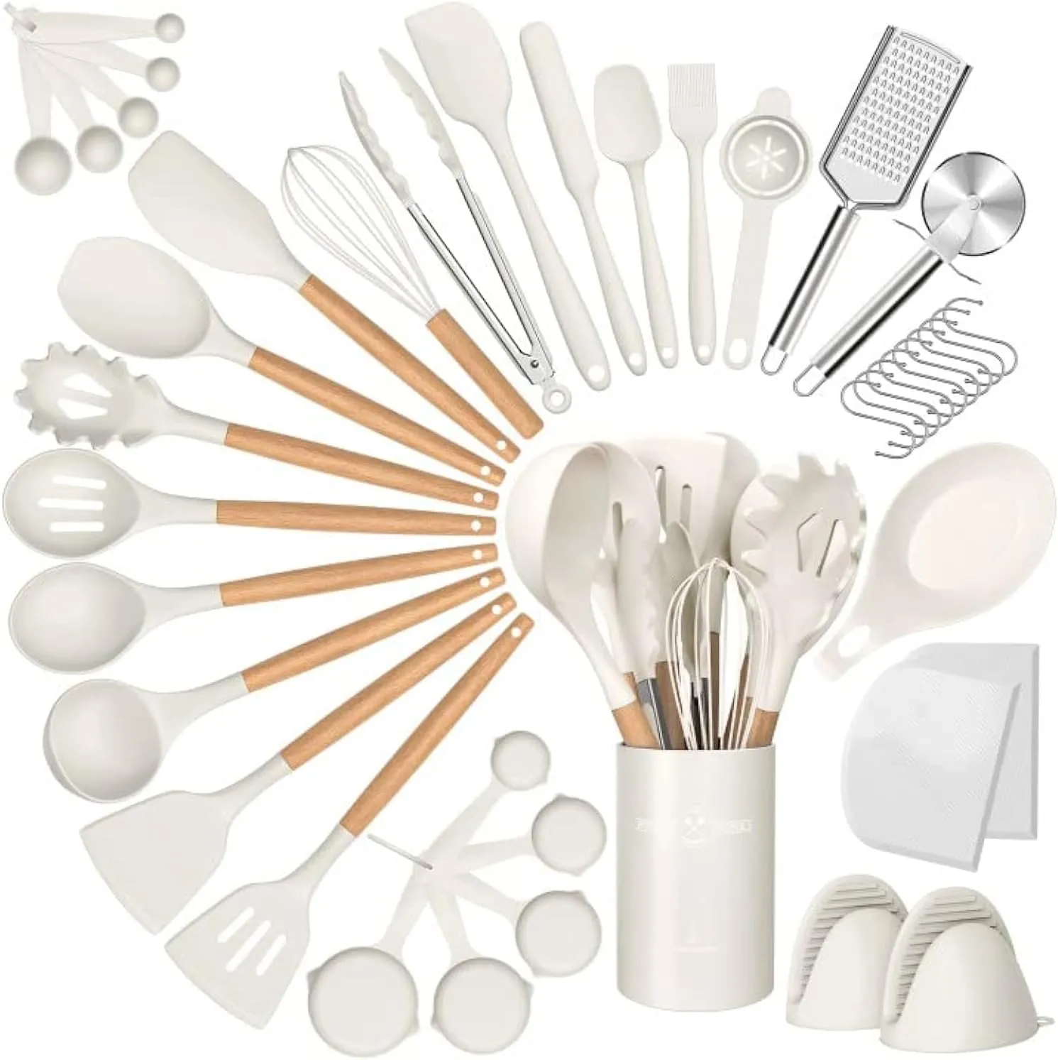 Silicone Cooking Utensils Set, 43Pcs Non-Stick Heat Resistant Kitchen Utensils Spatula Set with Wooden Handle for Baking, Cooking, and Mixing, Best Kitchen Gadgets Tools with Holder (White)