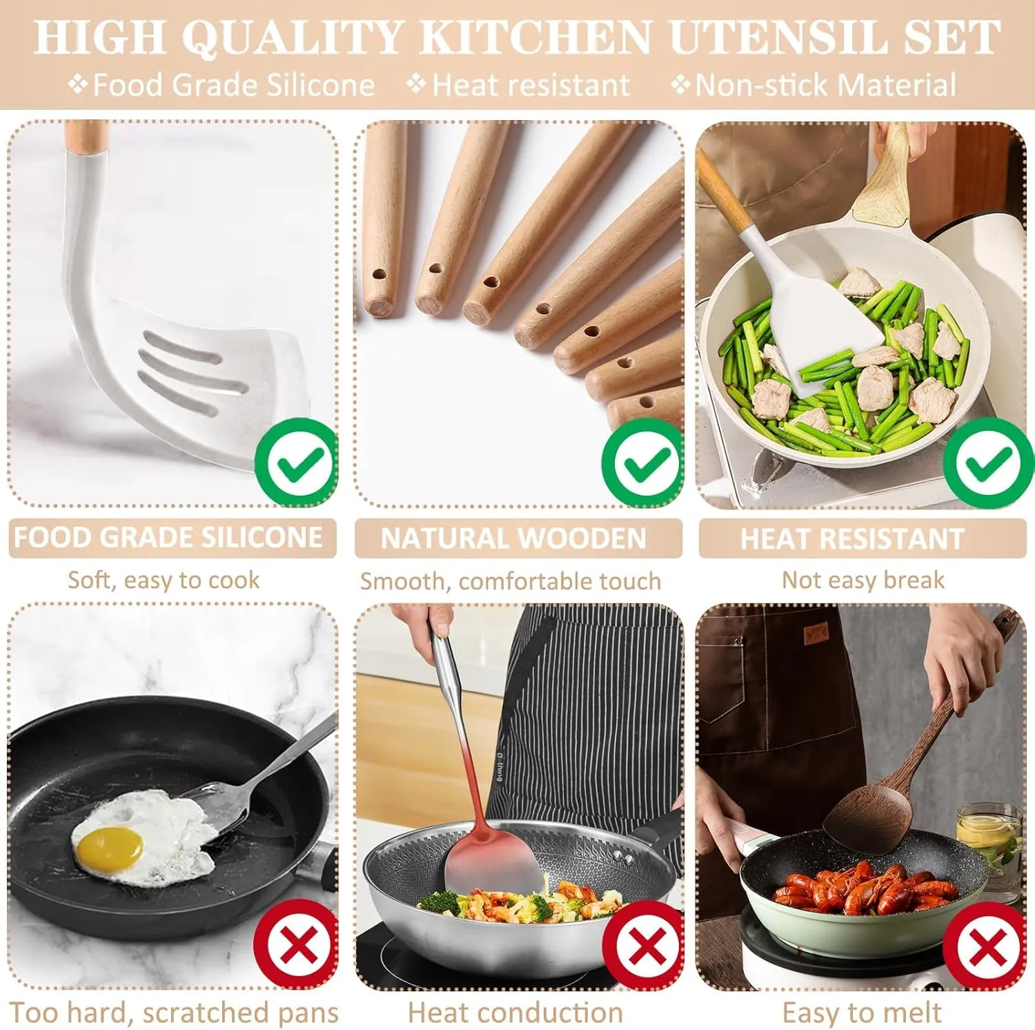 Silicone Cooking Utensils Set, 43Pcs Non-Stick Heat Resistant Kitchen Utensils Spatula Set with Wooden Handle for Baking, Cooking, and Mixing, Best Kitchen Gadgets Tools with Holder (White)