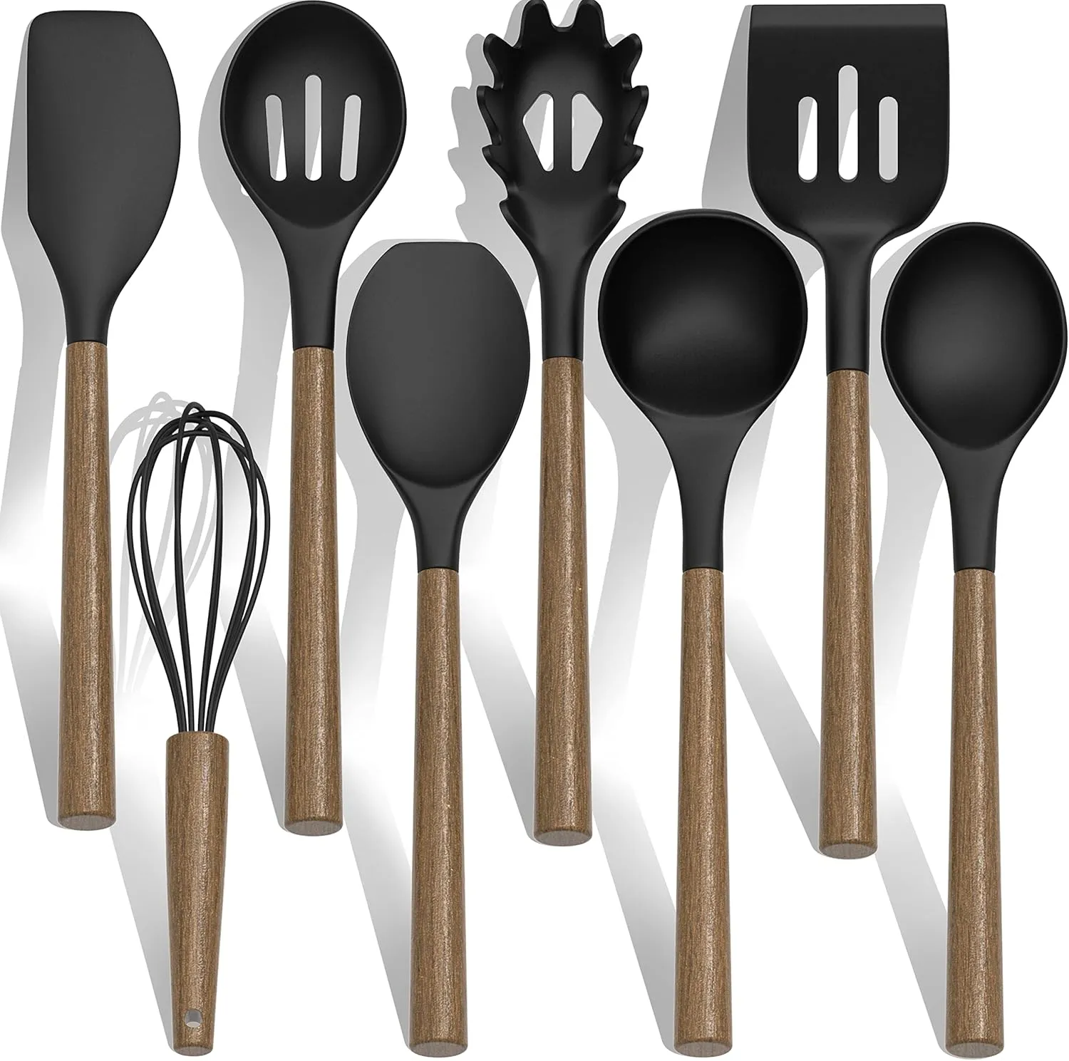 Silicone Kitchen Cooking Utensil Set, 9Pcs Kitchen Utensils Spatula Set with Wooden Handle for Nonstick Cookware, 446°F Heat Resistant Silicone Kitchen Gadgets Utensil Set with Large Holder（Black）