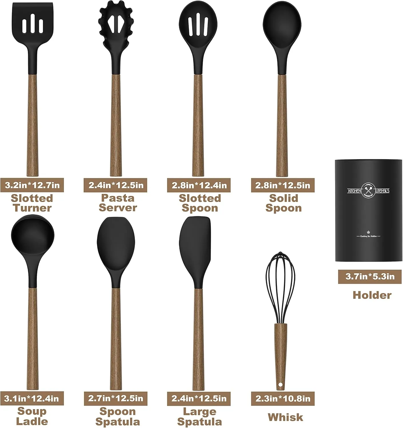 Silicone Kitchen Cooking Utensil Set, 9Pcs Kitchen Utensils Spatula Set with Wooden Handle for Nonstick Cookware, 446°F Heat Resistant Silicone Kitchen Gadgets Utensil Set with Large Holder（Black）