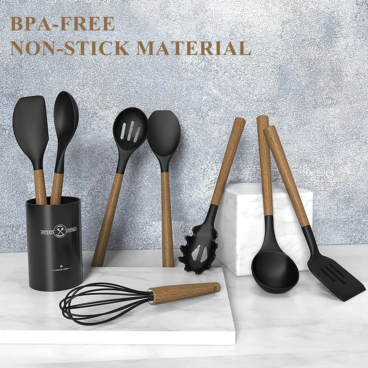 Silicone Kitchen Cooking Utensil Set, 9Pcs Kitchen Utensils Spatula Set with Wooden Handle for Nonstick Cookware, 446°F Heat Resistant Silicone Kitchen Gadgets Utensil Set with Large Holder（Black）