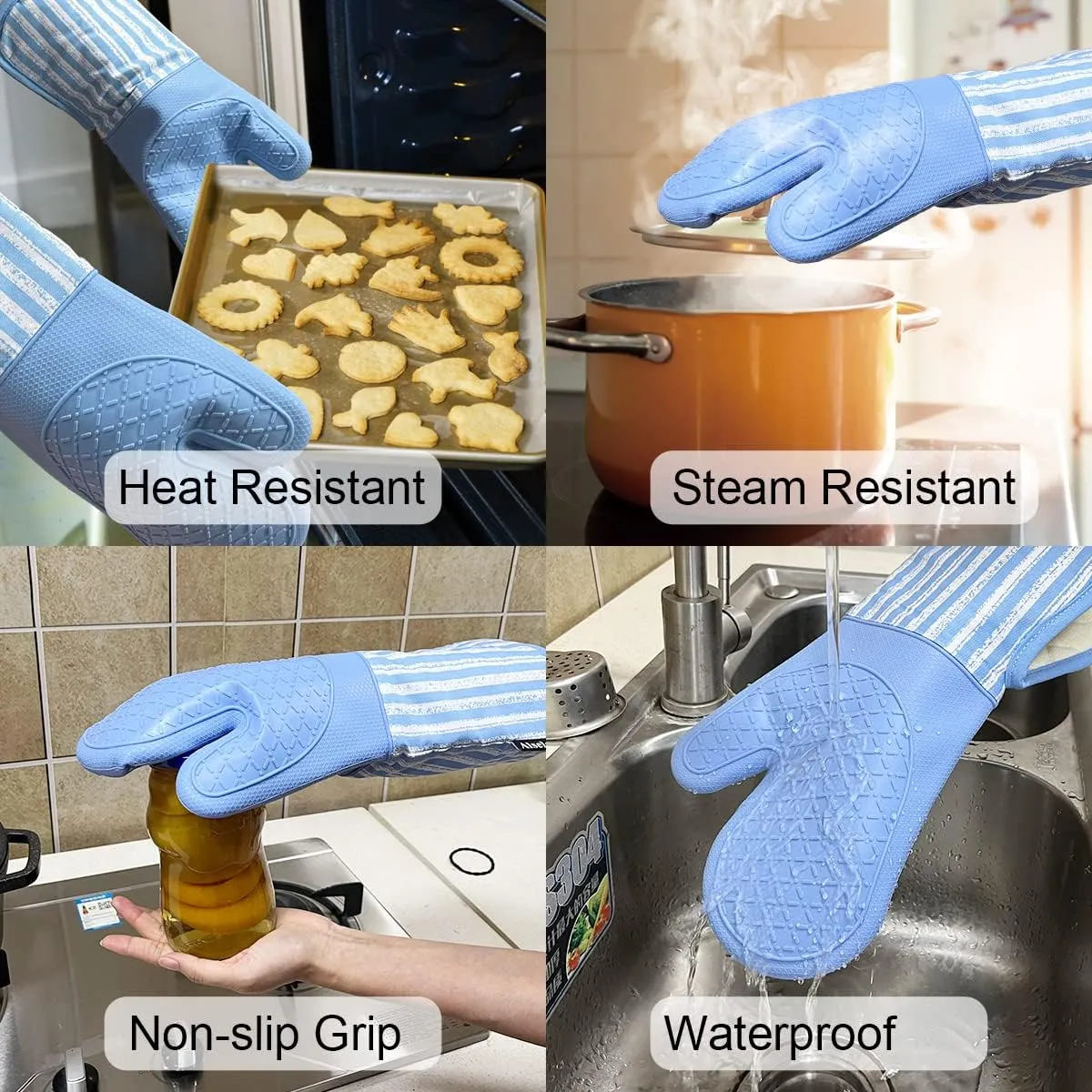Silicone Oven Mitts Heat Resistant 932℉ with Waterproof & Non-Slip Kitchen Mittens, Set of 2 Extra Long Oven Gloves with Soft Cotton Terry Lining for Baking Cooking Barbecue (2, Blue Mitts)