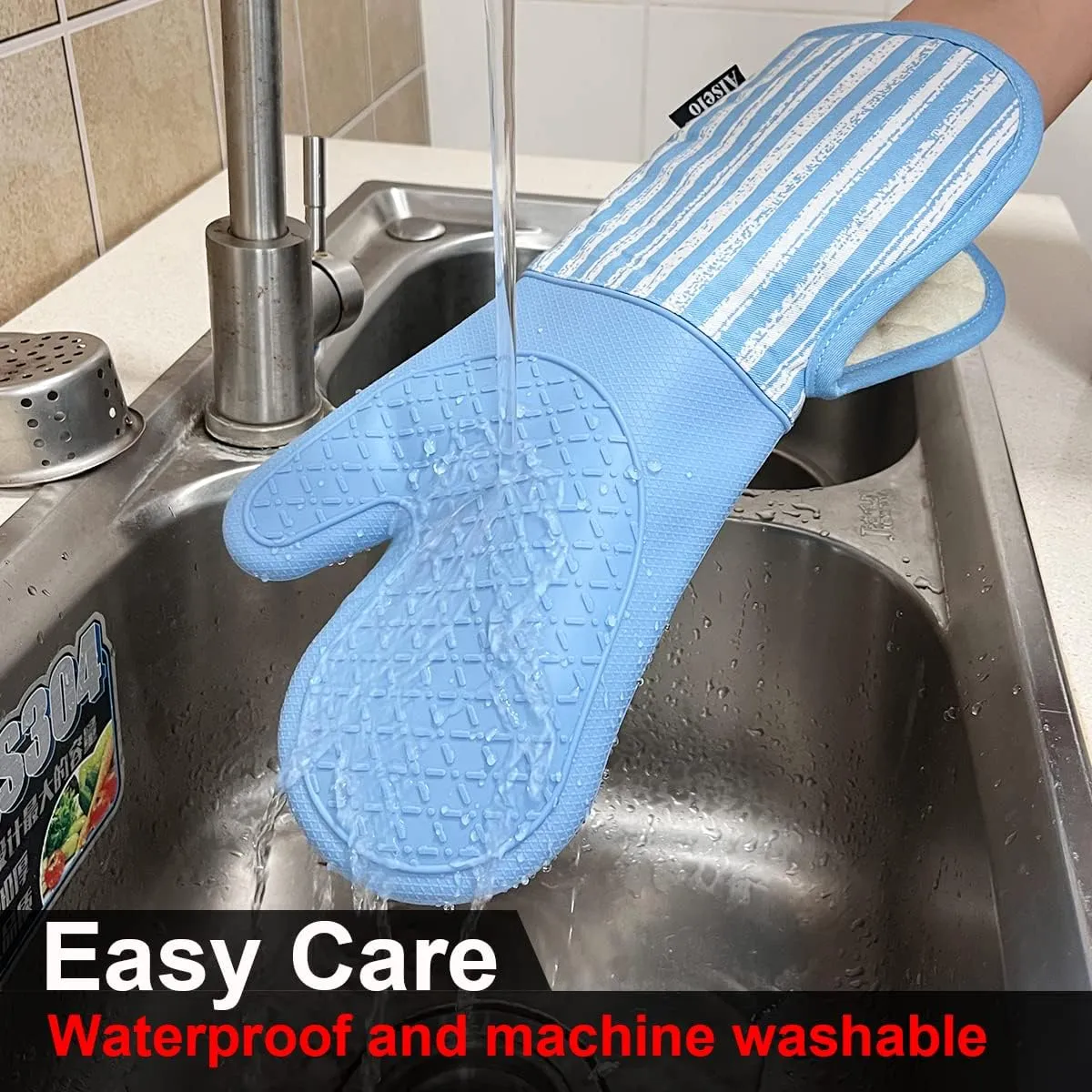 Silicone Oven Mitts Heat Resistant 932℉ with Waterproof & Non-Slip Kitchen Mittens, Set of 2 Extra Long Oven Gloves with Soft Cotton Terry Lining for Baking Cooking Barbecue (2, Blue Mitts)