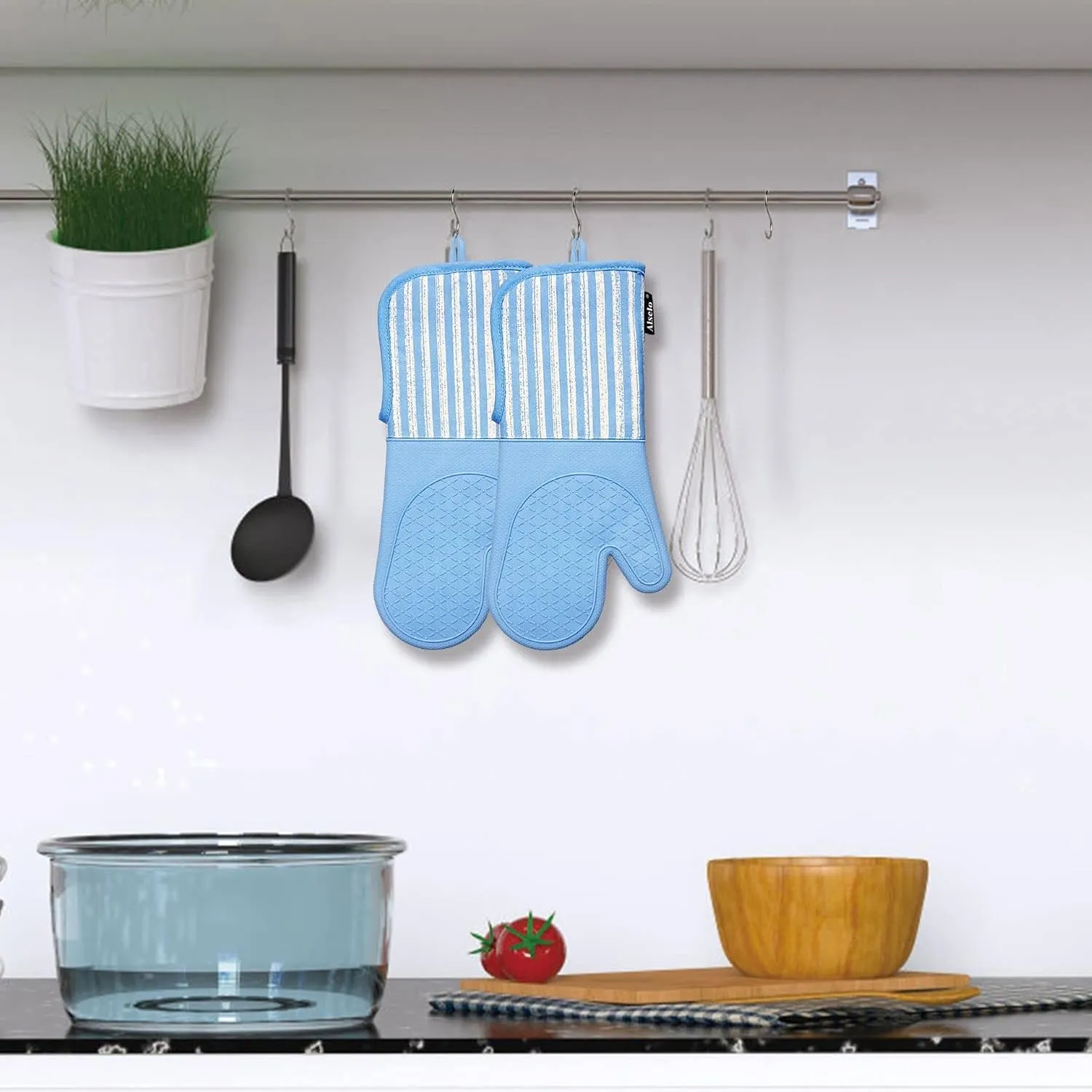 Silicone Oven Mitts Heat Resistant 932℉ with Waterproof & Non-Slip Kitchen Mittens, Set of 2 Extra Long Oven Gloves with Soft Cotton Terry Lining for Baking Cooking Barbecue (2, Blue Mitts)