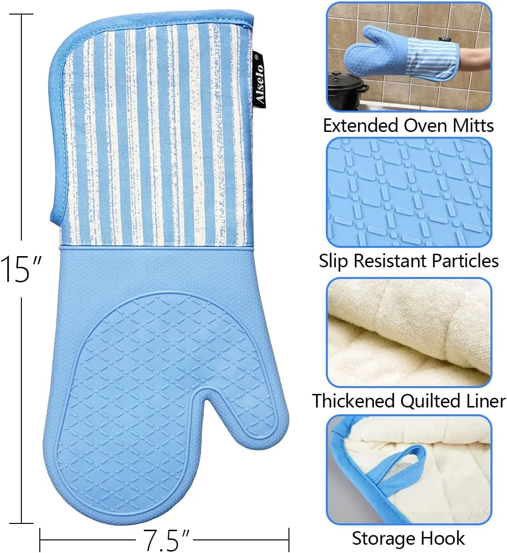 Silicone Oven Mitts Heat Resistant 932℉ with Waterproof & Non-Slip Kitchen Mittens, Set of 2 Extra Long Oven Gloves with Soft Cotton Terry Lining for Baking Cooking Barbecue (2, Blue Mitts)