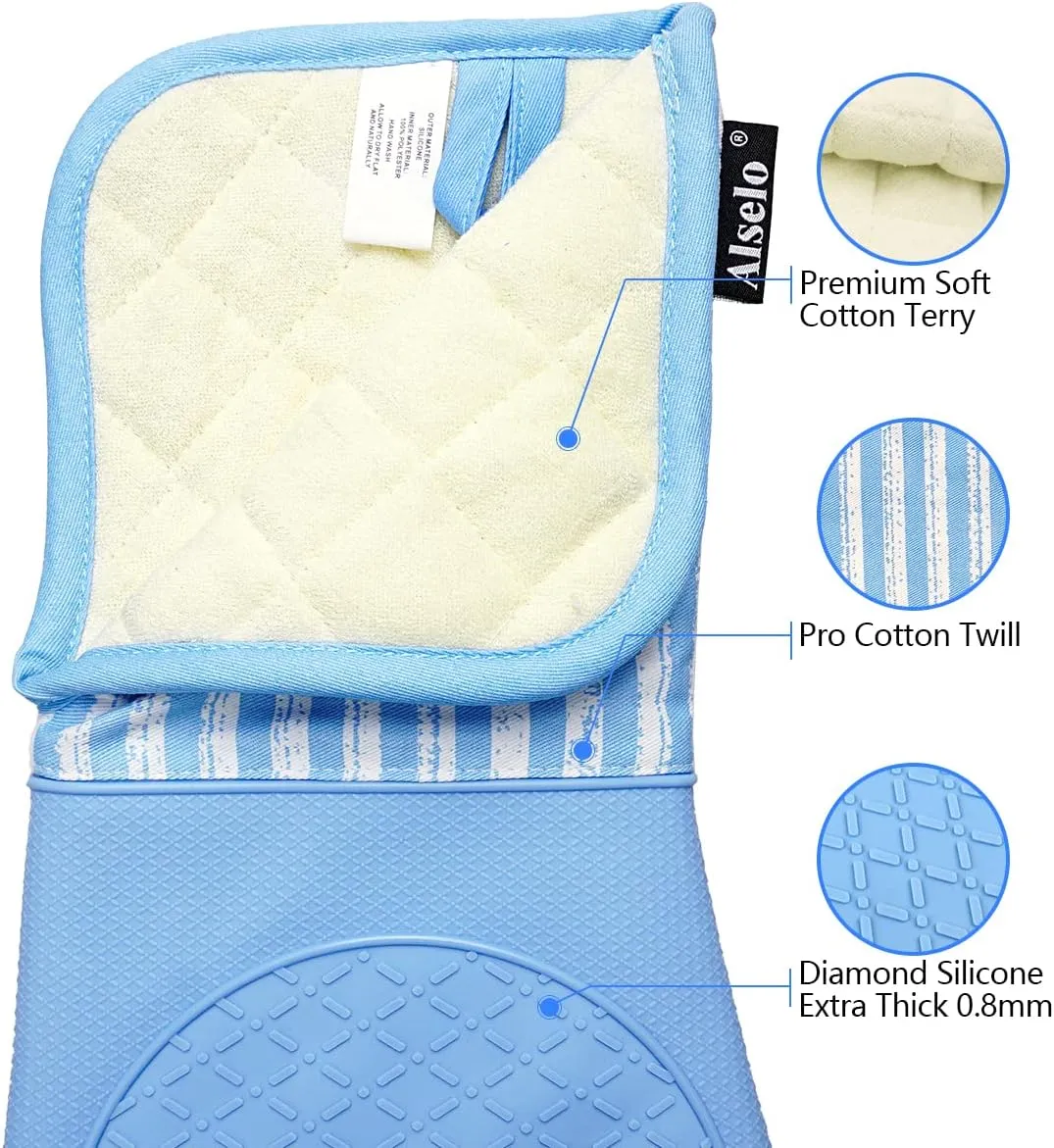 Silicone Oven Mitts Heat Resistant 932℉ with Waterproof & Non-Slip Kitchen Mittens, Set of 2 Extra Long Oven Gloves with Soft Cotton Terry Lining for Baking Cooking Barbecue (2, Blue Mitts)