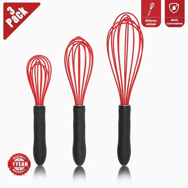 Silicone Wire Whisk, Egg Beater, 3 Sizes, for Blending, Whisking, Beating, Frothing, Stirring