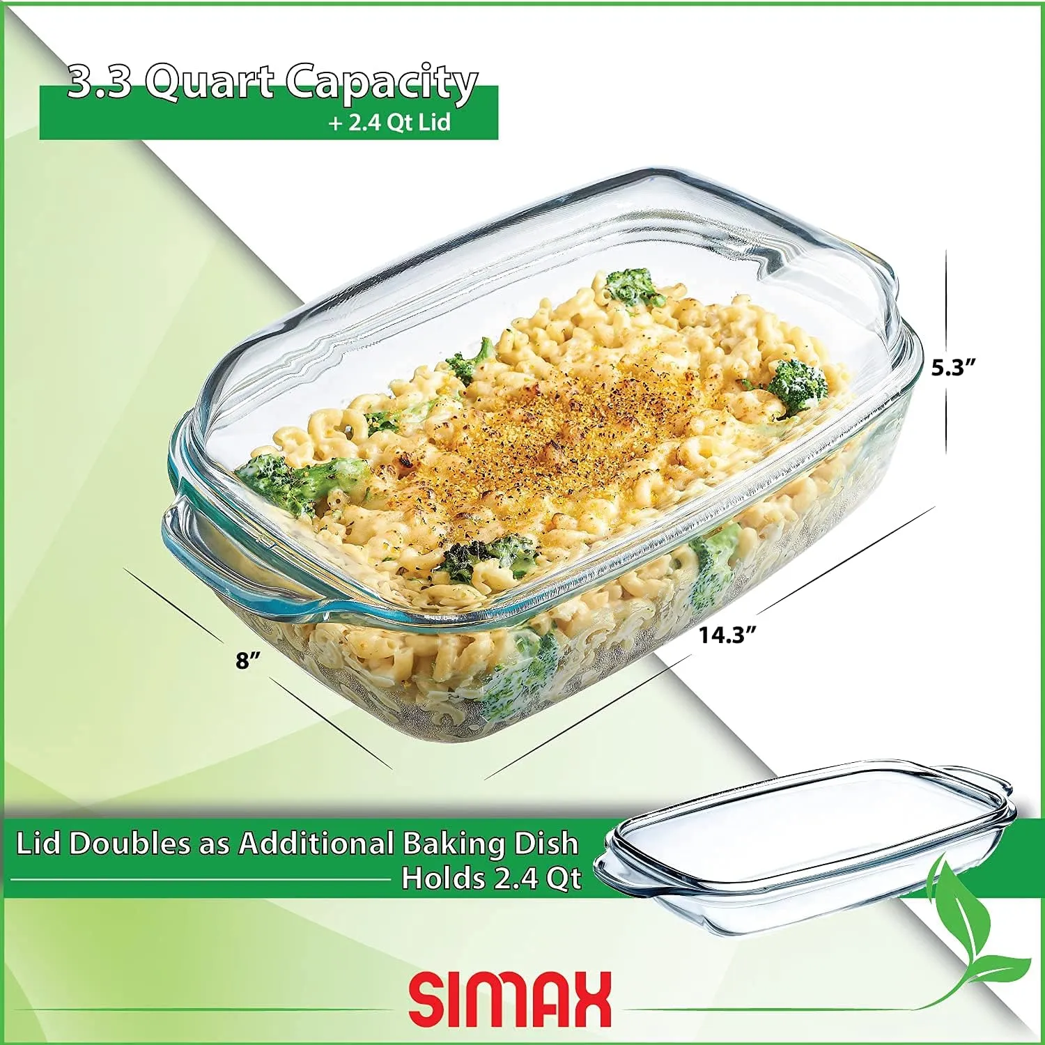 Simax Glass Casserole Baking Dish: Clear Glass Round Casserole Dish with Lid and Handles,Covered Bowl for Cooking, Baking, Serving, Dishwasher, and Oven Safe Cookware – 3 Quart Dish   2.2 Quart Lid