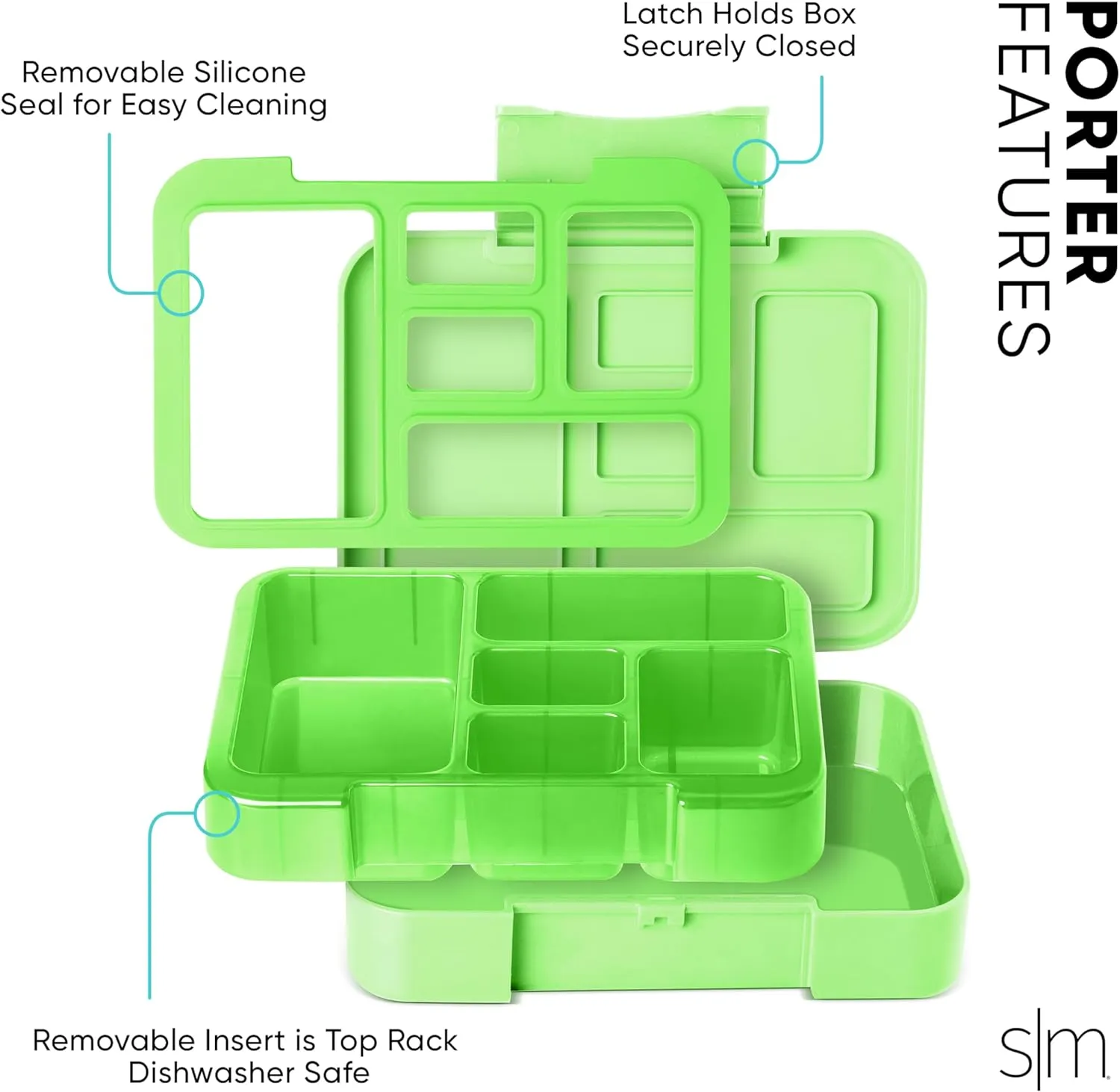 Simple Modern Bento Lunch Box for Kids | BPA Free, Leakproof, Dishwasher Safe | Lunch Container for Girls and Boys, Toddlers | Porter Collection | 5 Compartments | Lime Checkmate