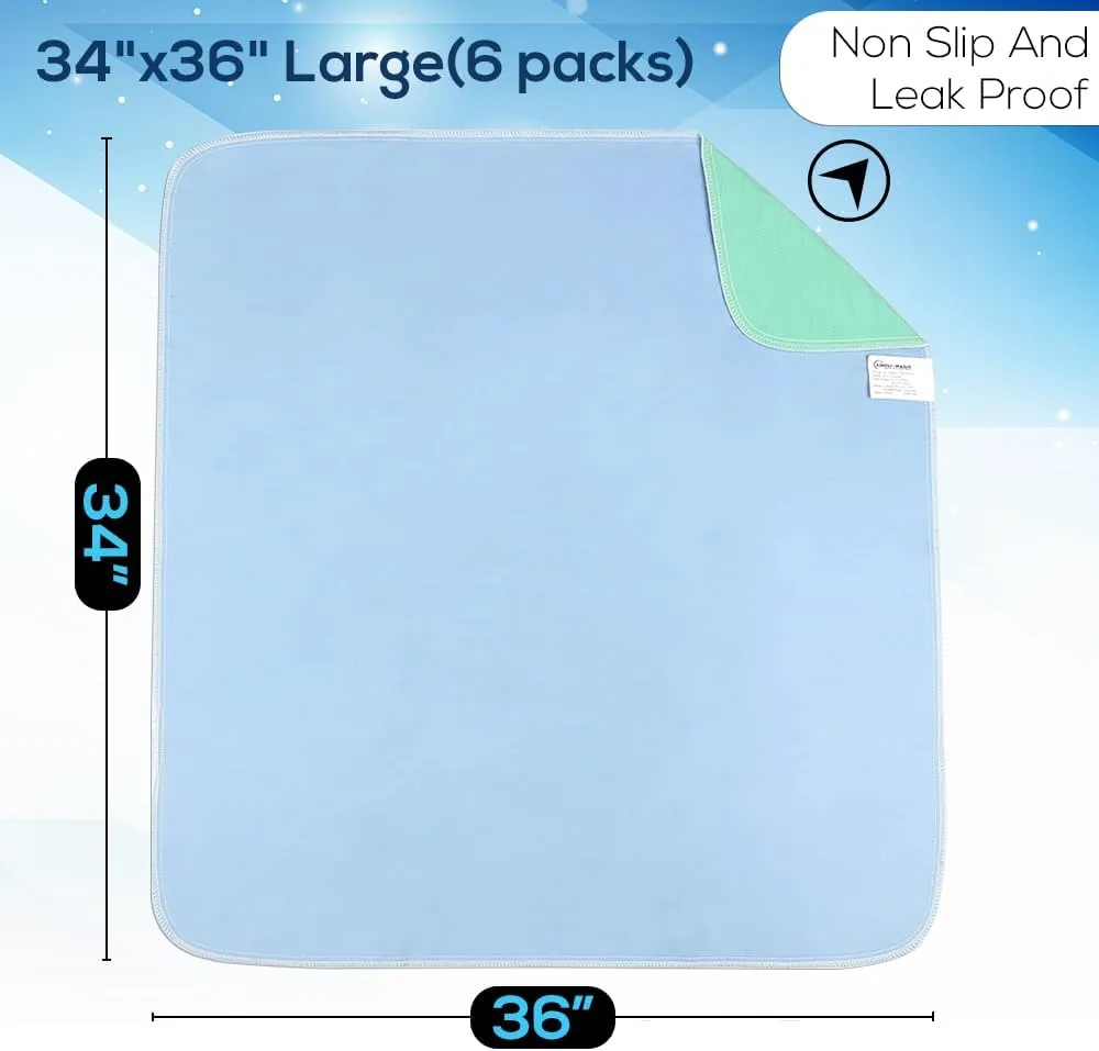 Simpli-Magic Washable Underpads, 34"x36" (Pack of 6) - Heavy Absorbency Reusable Bedwetting Incontinence Pads for Kids,Adults,Elderly,and Pets - Waterproof Protective Pad for Bed,Couch,Sofa,Floor