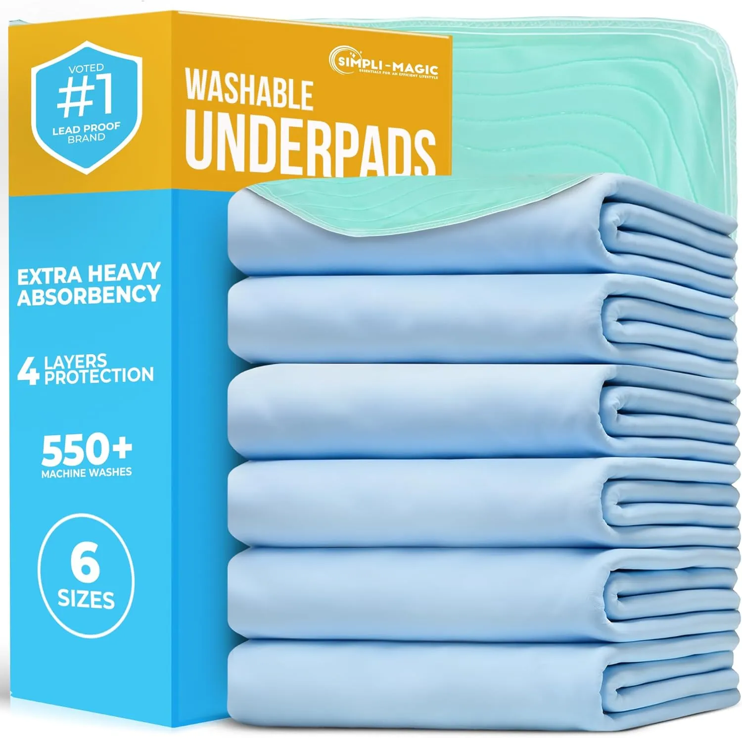 Simpli-Magic Washable Underpads, 34"x36" (Pack of 6) - Heavy Absorbency Reusable Bedwetting Incontinence Pads for Kids,Adults,Elderly,and Pets - Waterproof Protective Pad for Bed,Couch,Sofa,Floor