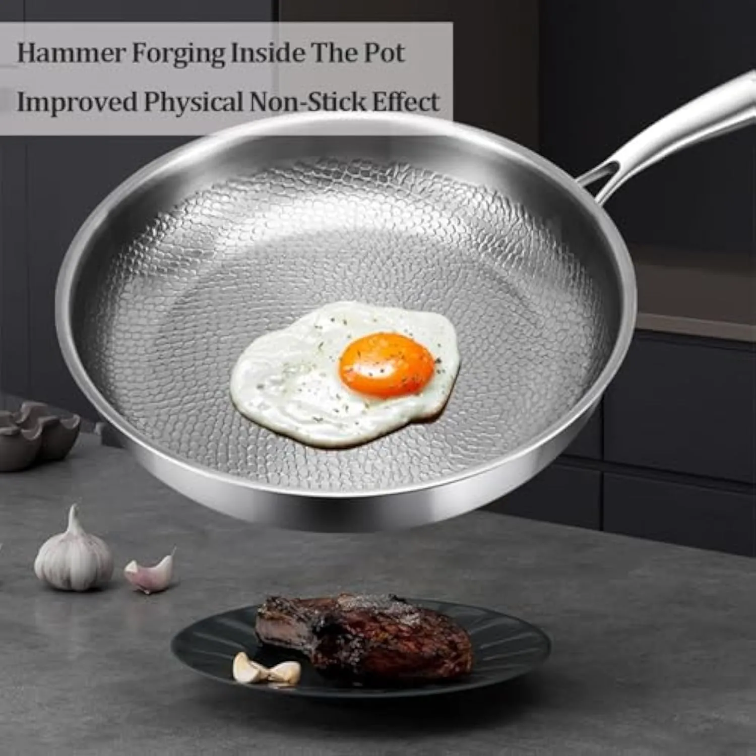 Siraat Pure Titanium Pan, 100% Titanium Pans for Cooking Non Stick, Stainless Steel Hammered Pan Pro with Lid (10.23in, No Lid)
